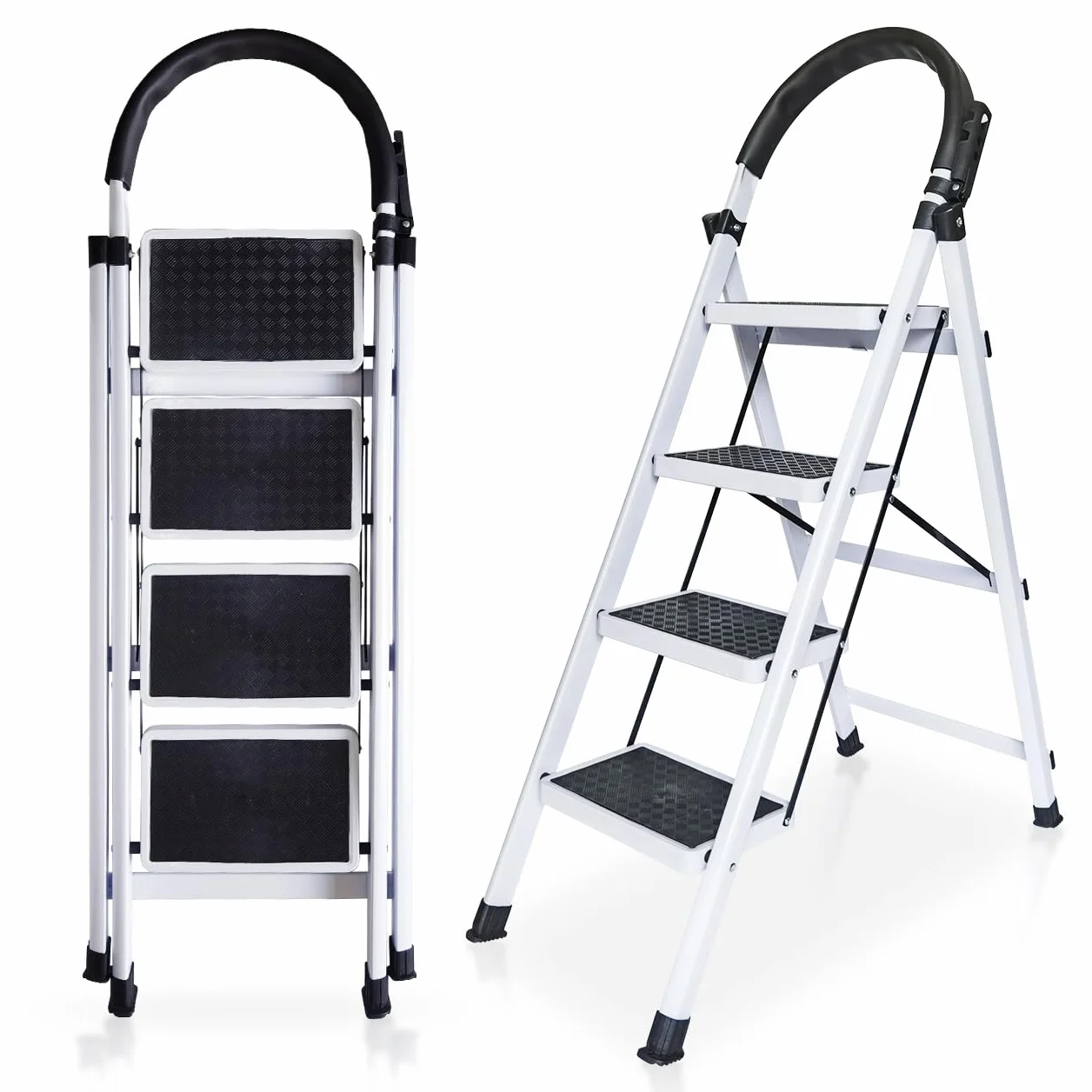 Escalera Plegable Multifuncional Antideslizante 4 Peldaños con Soporte Adicional y Mango