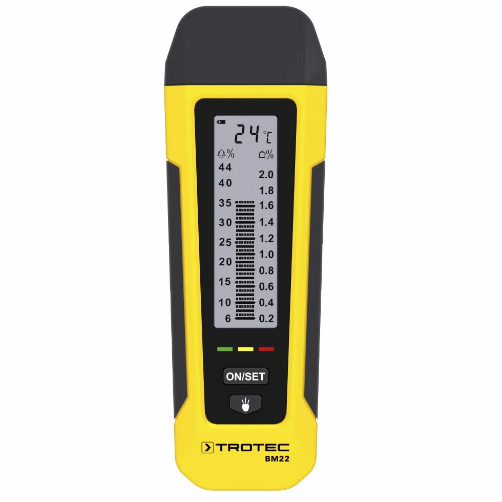 TROTEC Medidor de Humedad de la Madera, Temperatura y Materiales BM22, Linterna LED, Portátil, Indicador de Humedad LED, Portátil, Clip para Bolsillo