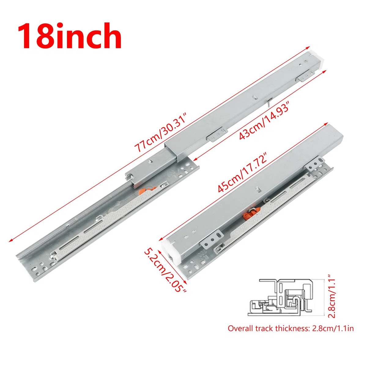 Guías para cajón para montaje en suelo, 1 par de guías para cajón, extensión completa, rieles telescópicos de 180 mm para montaje en suelo (45 cm)