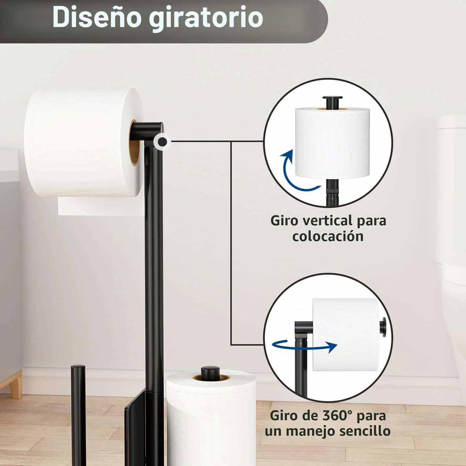 Portarrollos de Papel Higiénico de Pie con Escobillero, Soporte para Papel Higiénico con Escobilla de Acero inoxidable, sin Necesidad de Taladrar, Soporte para Papel Higiénico y Escobilla (Negro Mate)