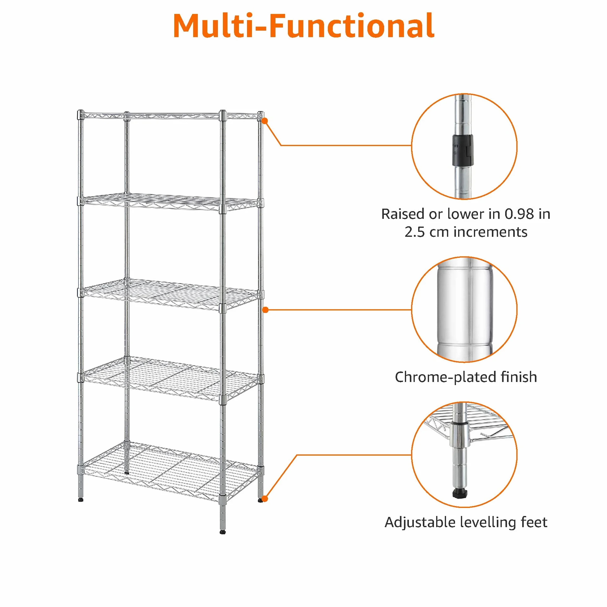Amazon Basics Unidad de almacenamiento estrecha de 5 baldas con estantes ajustables en altura y patas niveladoras, peso máximo de 453 kg, Cromado, 34 cm x 58.9 cm x 152.5 cm (D x W x H)