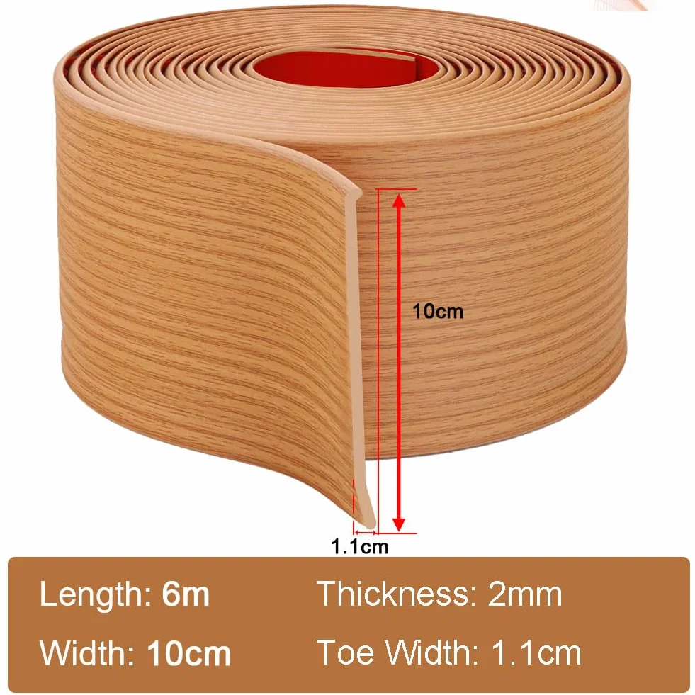 Rodapies autoadhesivo rodapié blando de PVC 10cm de ancho zócalos decorativos base de pared zócalo flexible autoadhesivo molduras decorativas para pared (Grano de madera amarillo, 10cm×6m)