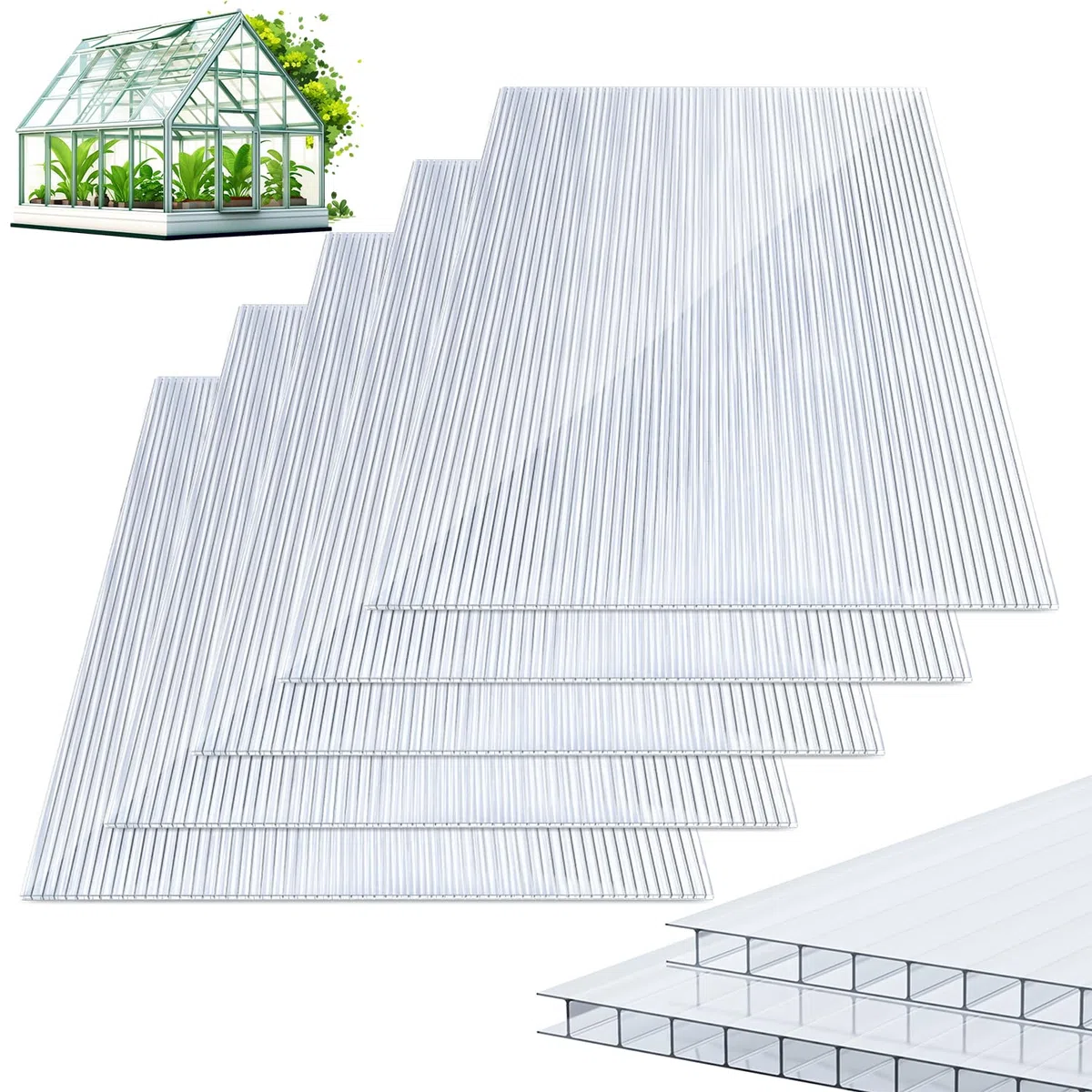 Gimisgu 5 planchas alveolares de policarbonato (60,5 x 121 cm) 8 mm, 1,2 kg/m², placas de doble puente para invernadero, jardín