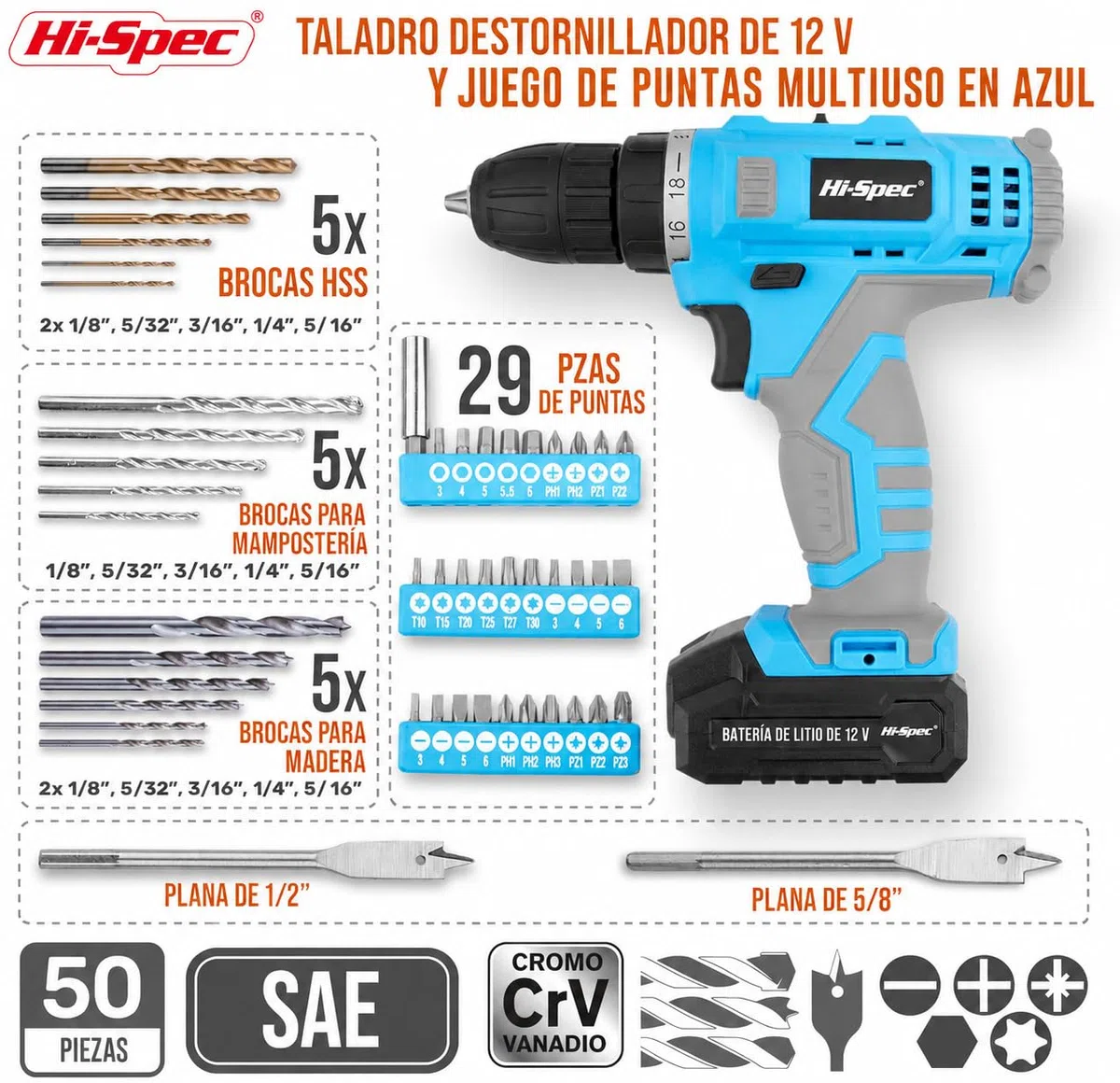 Hi-Spec Taladro Atornillador Destornillador Inalámbrico Azul de 12V Batería de 1300mAh hasta 20Nm, Velocidad Variable y Luz Led. con Maletín Estuche de 46 Puntas Brocas y Accesorios de Bricolaje.