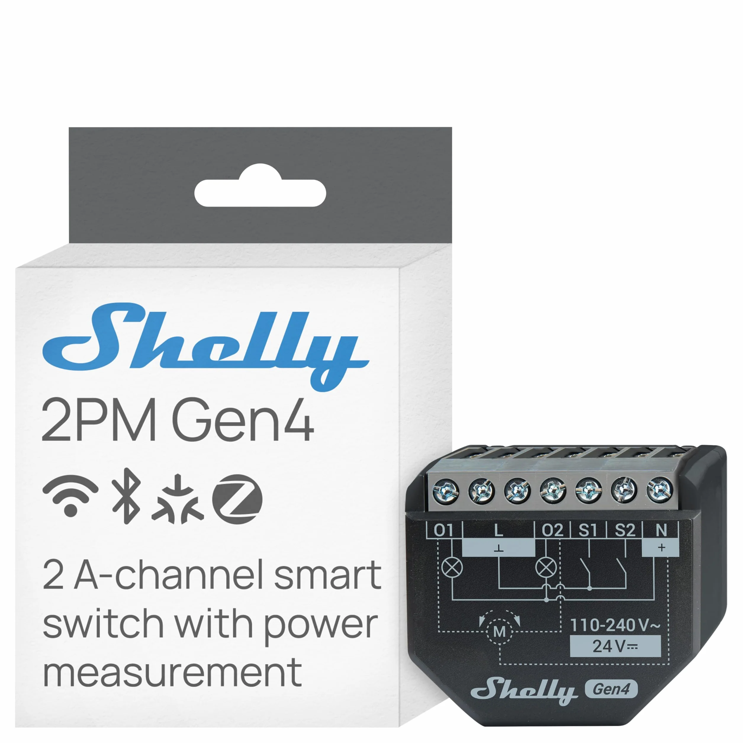 Shelly 2PM Gen4 – Módulo interruptor de persianas con Matter, Zigbee, Wi-Fi, 2 canales 8A, Medición de consumo eléctrico, Control inalàmbrico por aplicación y voz Alexa, Google, Apple HomeKit