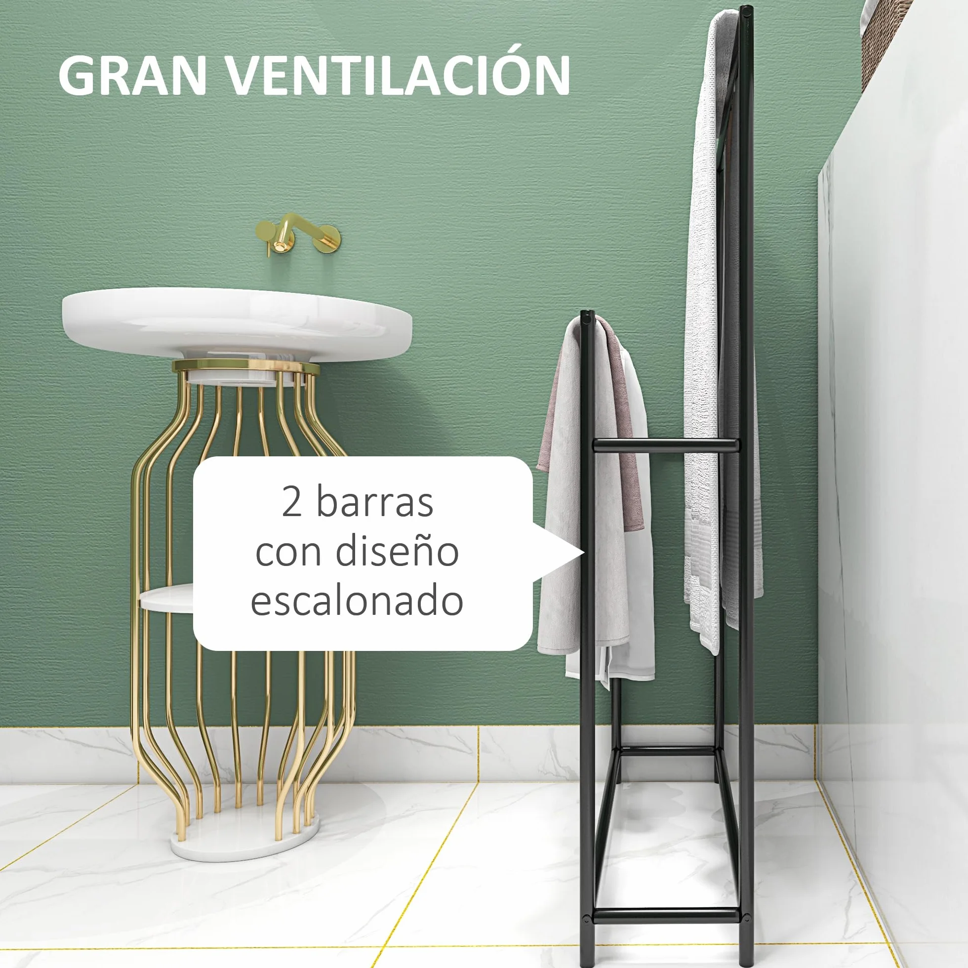 HOMCOM Toallero de Pie 2 Niveles Toallero Escalera Baño 66x20x110 cm Negro