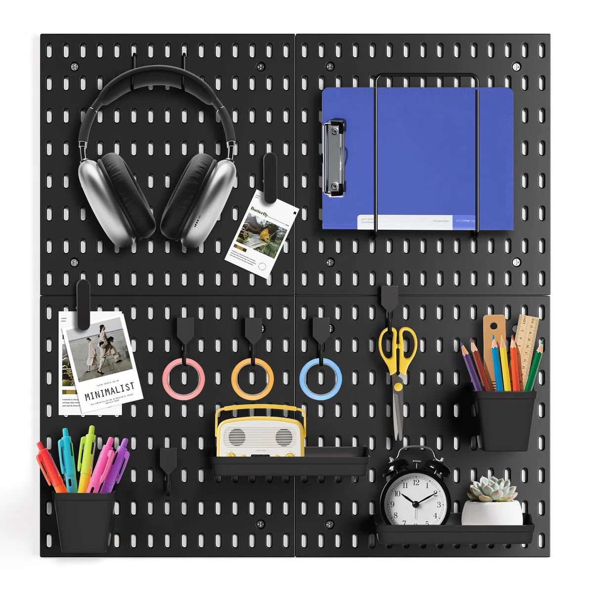 HENSHOW Juego de 4 tableros de Ranuras, pegboard con Accesorios para organización de Manualidades, exhibición de Adornos, Almacenamiento de habitación Infantil, no Requiere perforación