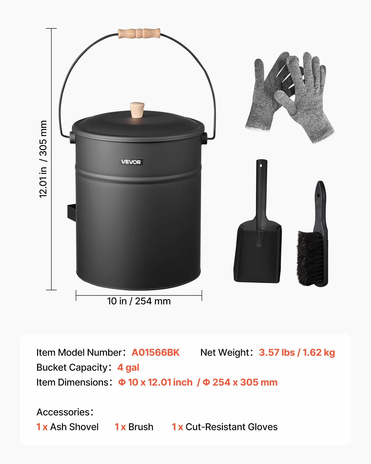 VEVOR Cubo de Cenizas con Tapa 4 en 1, Incluye Cubo para Carbón, Pala, Escoba y Guantes, Capacidad de 15 L para Chimeneas, Fogatas y Estufas de Leña, Acero al Carbono, Color Negro, 254 x 305 mm