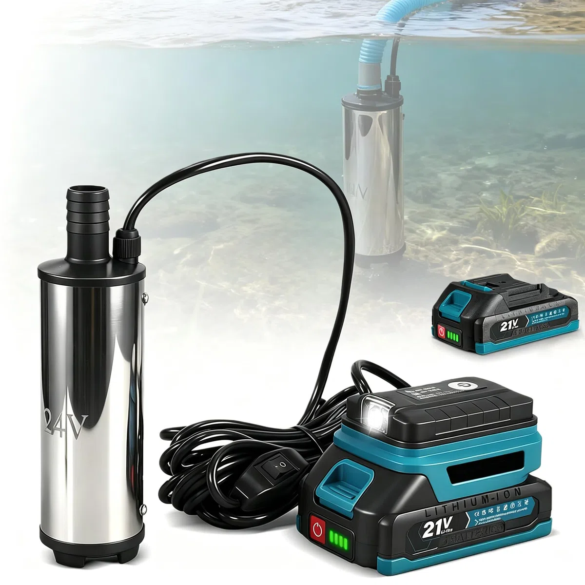 Bomba de agua con batería de 7500 mAh, 21 V, bomba eléctrica sumergible inalámbrica, altura de impulsión 3-5 m, caudal 50-80 l/min, bomba de transferencia con cable de 5 m, para piscinas, acuarios