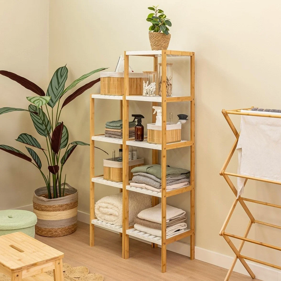 Estantería de bambú Natural 4 baldas Blancas 33x34x110 cm para baño Cocina