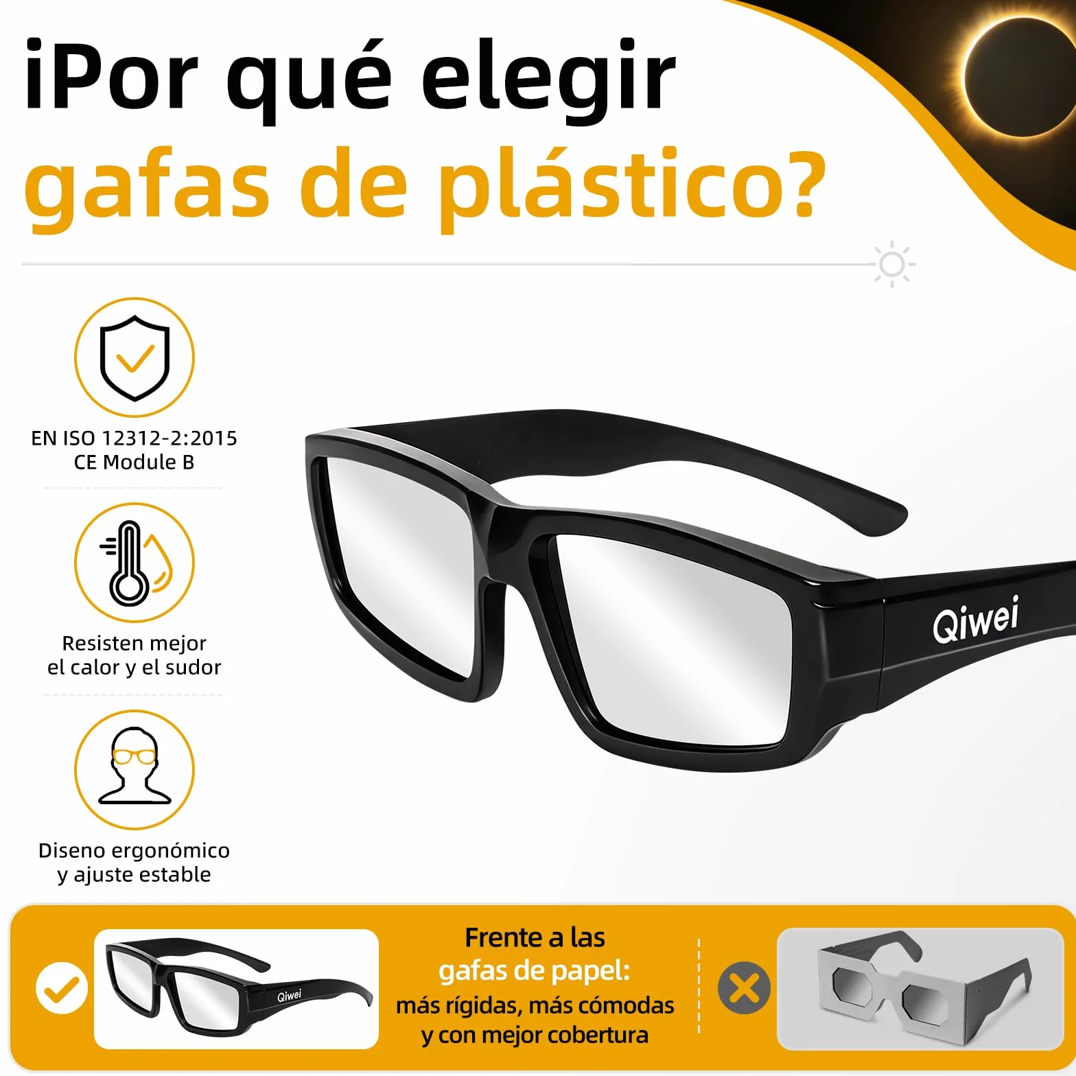 Gafas Eclipse Solar Homologadas 2026 Pack 3 Certificadas CE ISO 12312-2:2015 Protección UV IR Adultos Niños