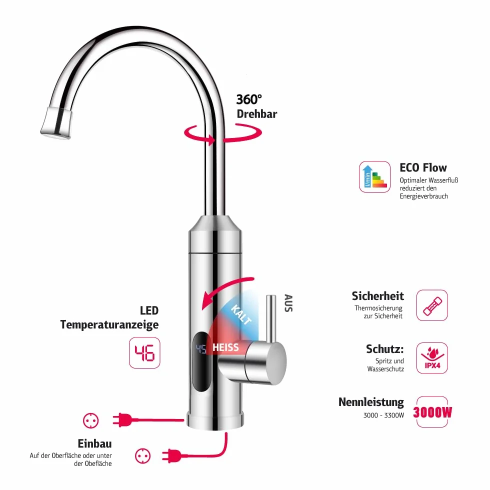 HOGART Grifo Eléctrico Calentador de Agua 230V Cocina Baño Instantáneo