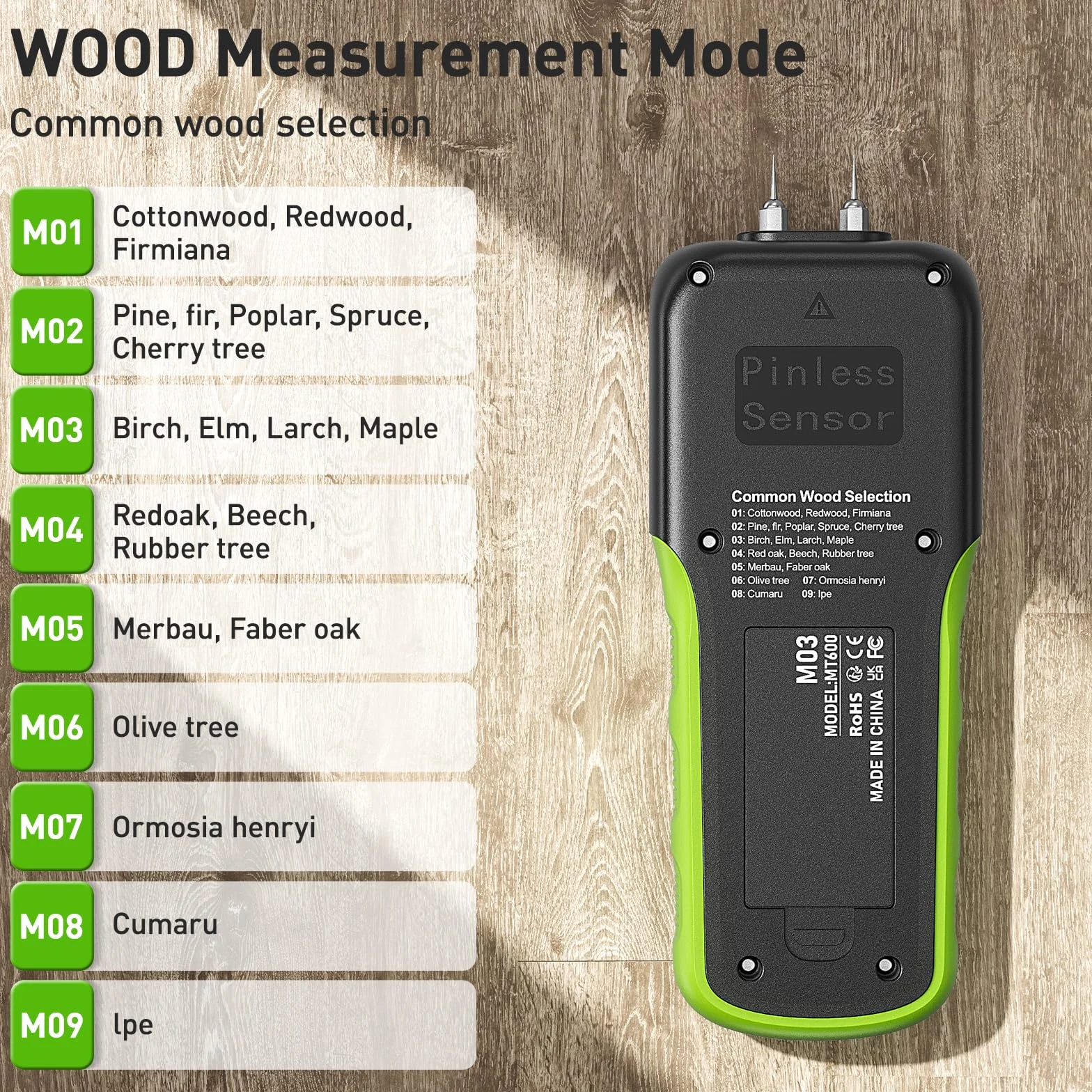 Huepar Medidor de Humedad de Madera con Pin/Sin Pin, Detector de Fugas de Agua con 2 Modos de Medición para Madera y Construcción -Pantalla LCD Retroiluminada, Contenido de Humedad Alto-Medio-Bajo M03