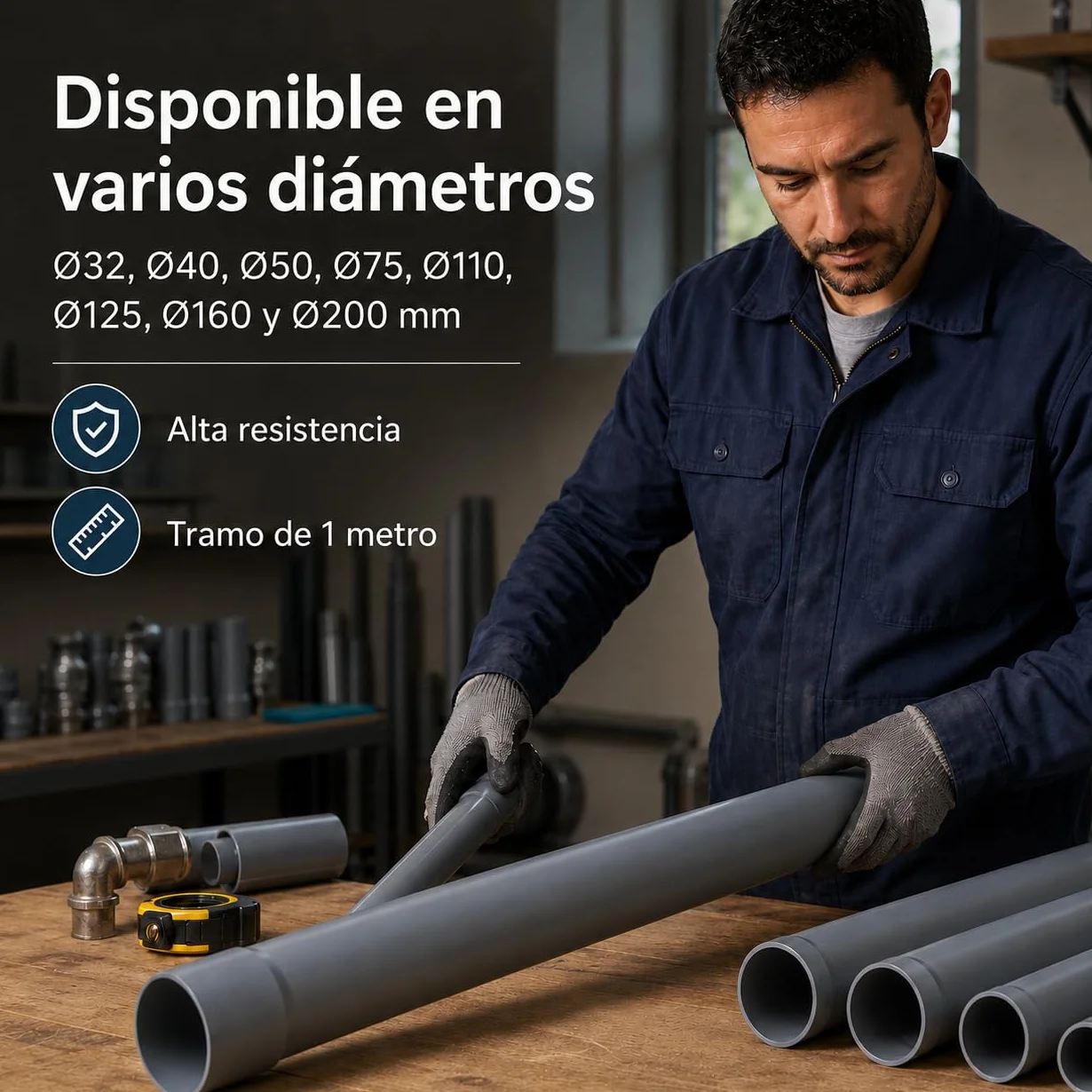 Tubo PVC Rígido 1 Metro – Desagüe, Fontanería y Evacuación de Aguas – Alta Resistencia, Impermeable y Fácil Instalación – Tramos Disponibles Ø75, Ø110, Ø125, Ø160 y Ø200 mm (Ø200 mm)