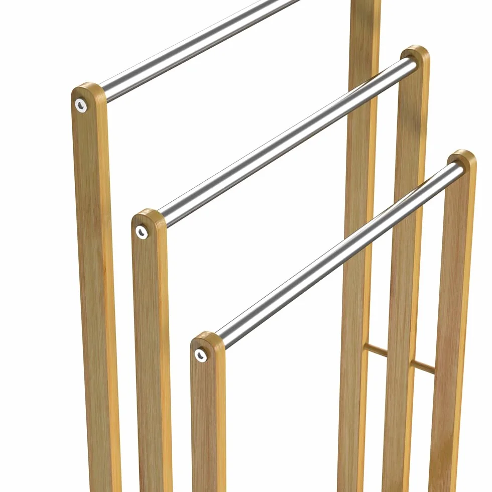 CASARIA Toallero de Pie Madera de Bambú 3 Barras Acero Inoxidable 84x46x24cm