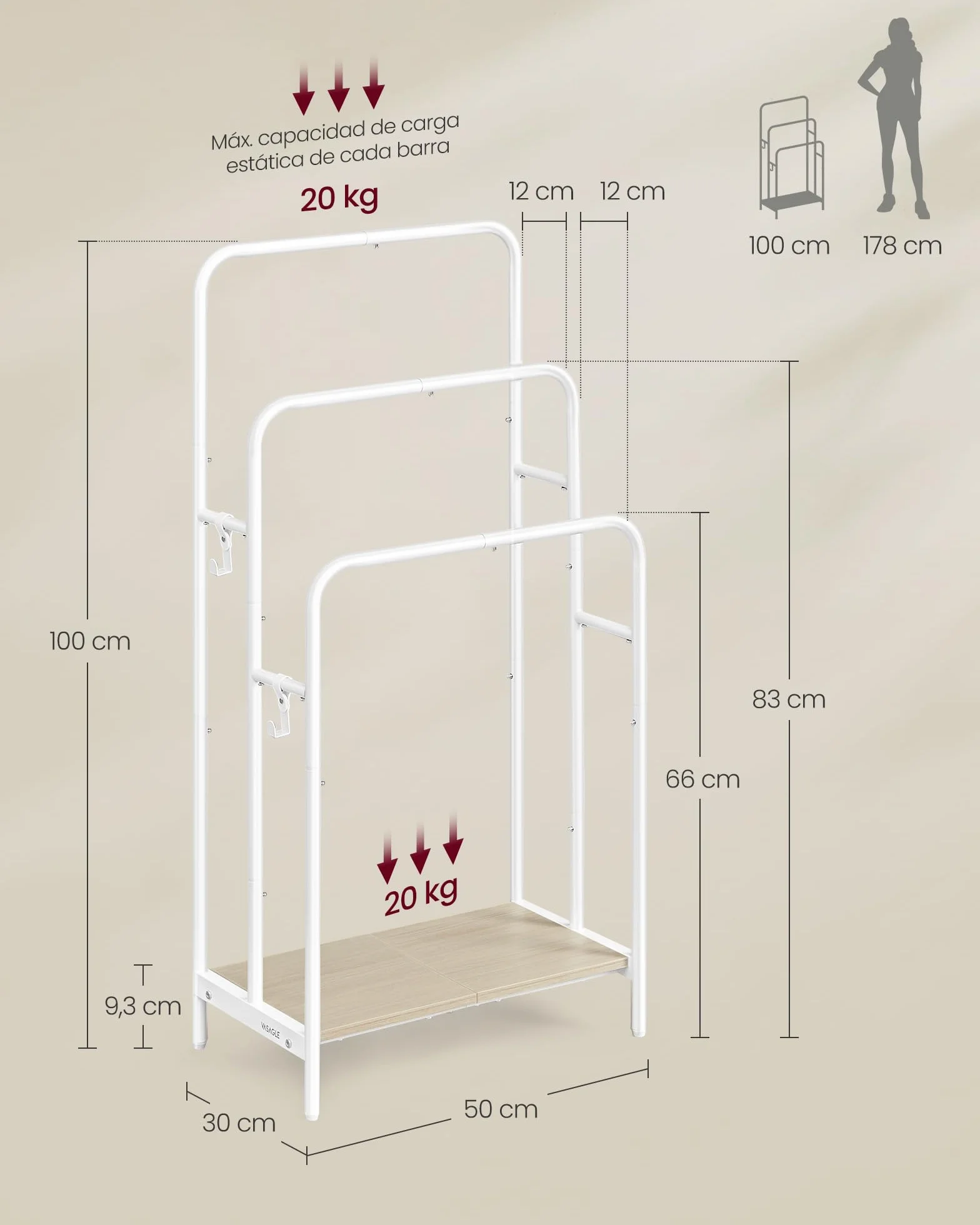 VASAGLE Toallero de Pie 3 Barras 50x30x100 cm Estante Almacenamiento Blanco Nube Beige Natural