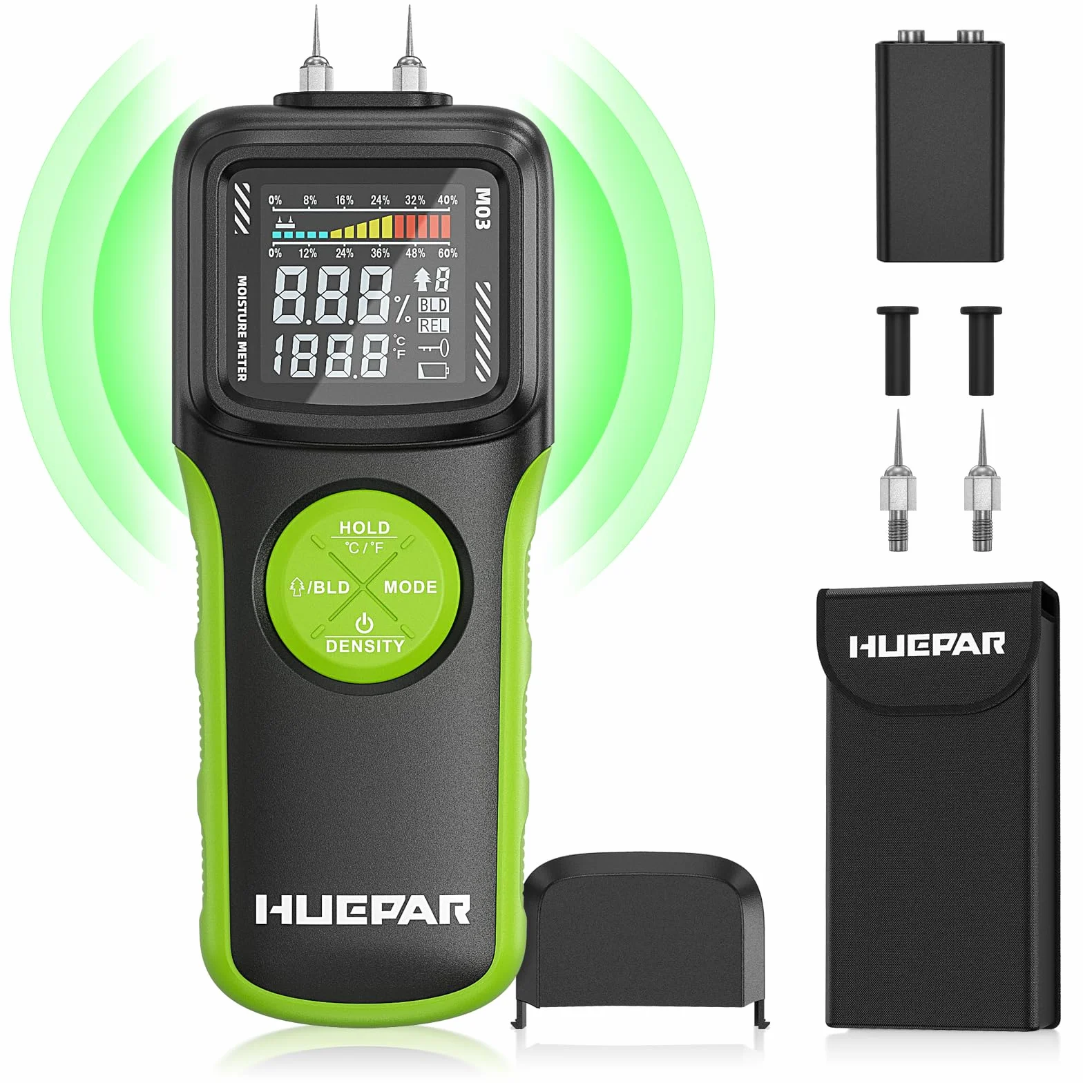 Huepar Medidor de Humedad de Madera con Pin/Sin Pin, Detector de Fugas de Agua con 2 Modos de Medición para Madera y Construcción -Pantalla LCD Retroiluminada, Contenido de Humedad Alto-Medio-Bajo M03