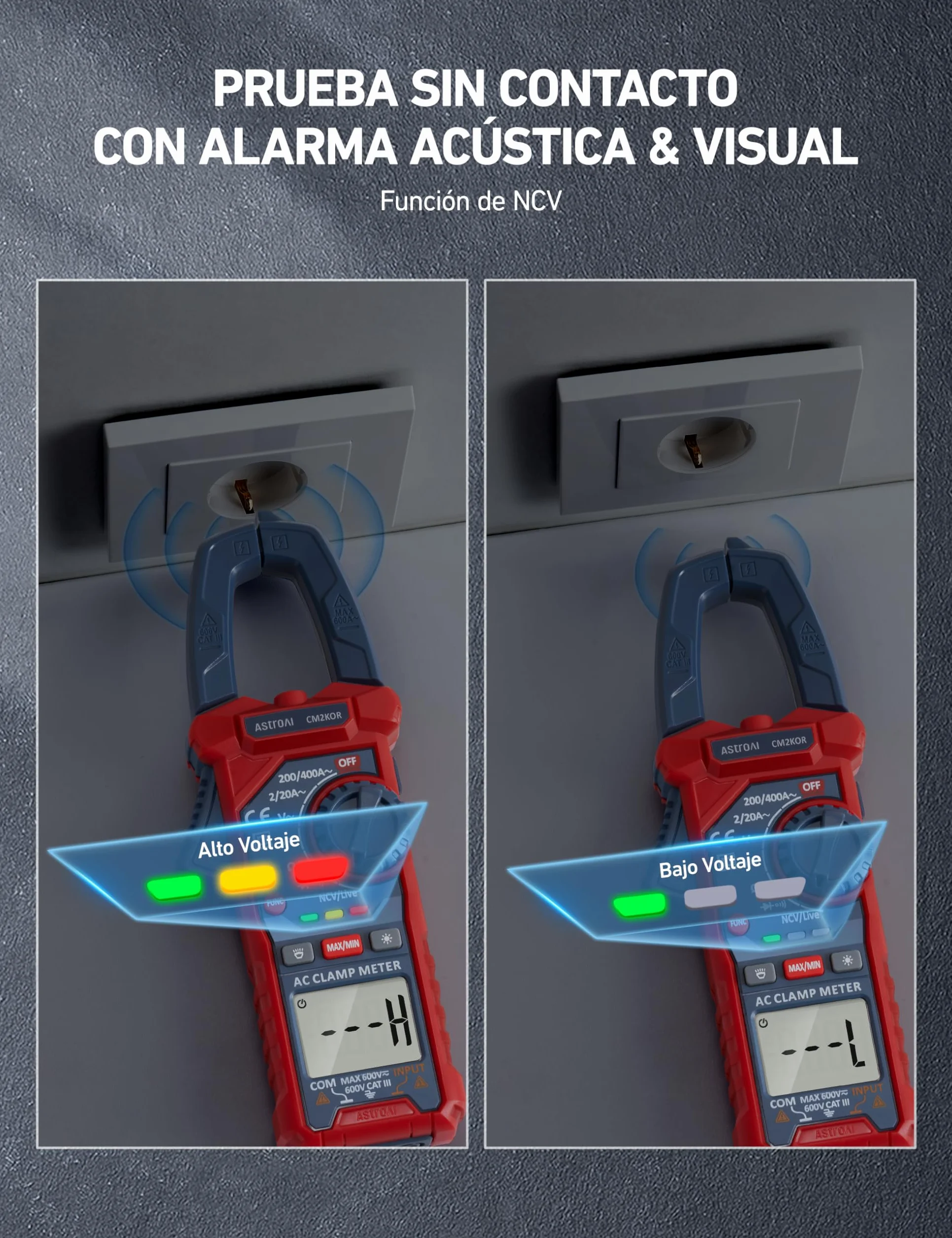 AstroAI Pinza Ampérimetrica, Multímetro Digital Profesional, Polímetro, Voltímetro, Tester para Corriente CA, Voltaje CA/CC, Resistencia, Frecuencia, Capacitancia, Continuidad, Diodos de Prueba