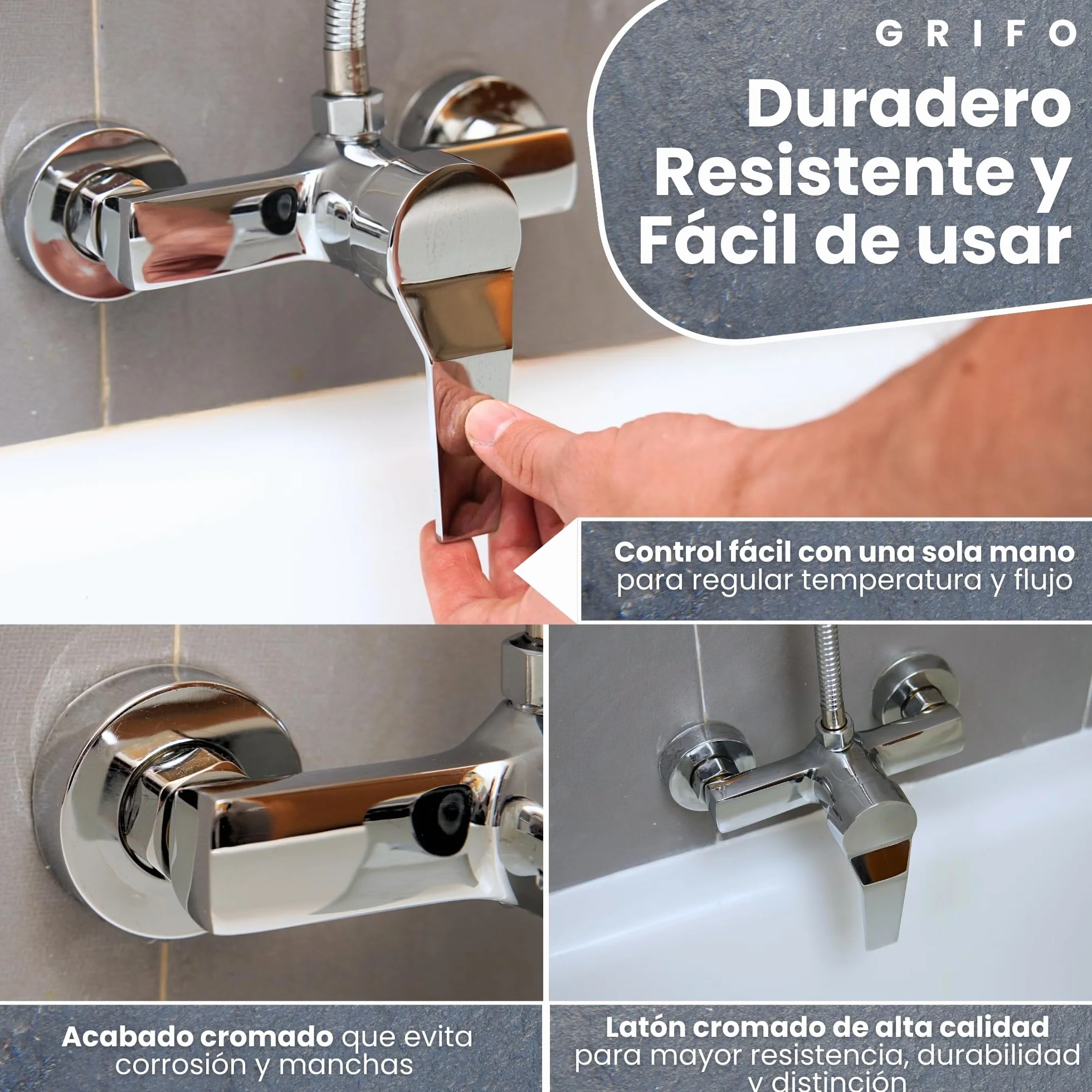 Kit Grifo Monomando Ducha Bañera Plata, Alcachofa, Manguera y Accesorios