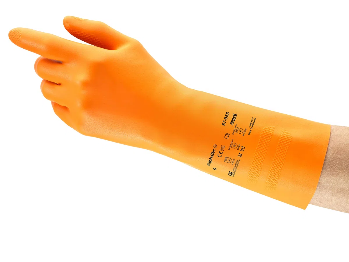 Ansell AlphaTec 87-955 Guantes de Trabajo Multiusos, Alta Resistencia Química, Protección Reforzada Trabajos Exigentes, Forro con Flocado Algodón, Talla L (12 Pares)