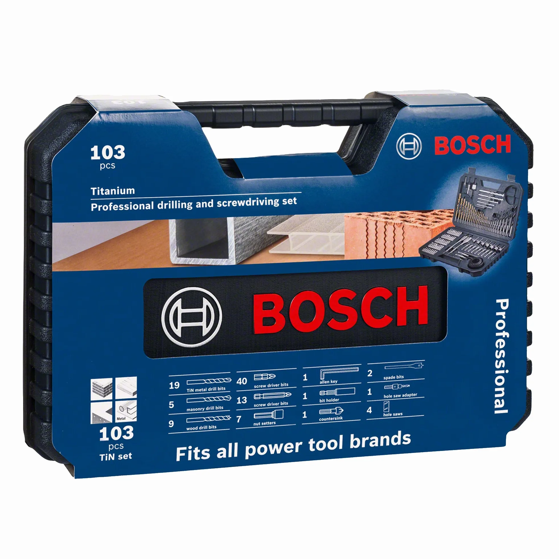 Bosch Juego de 103 piezas mixtas de brocas y puntas de atornillar de titanio (para madera, piedra, metal, para atornilladores y taladros)