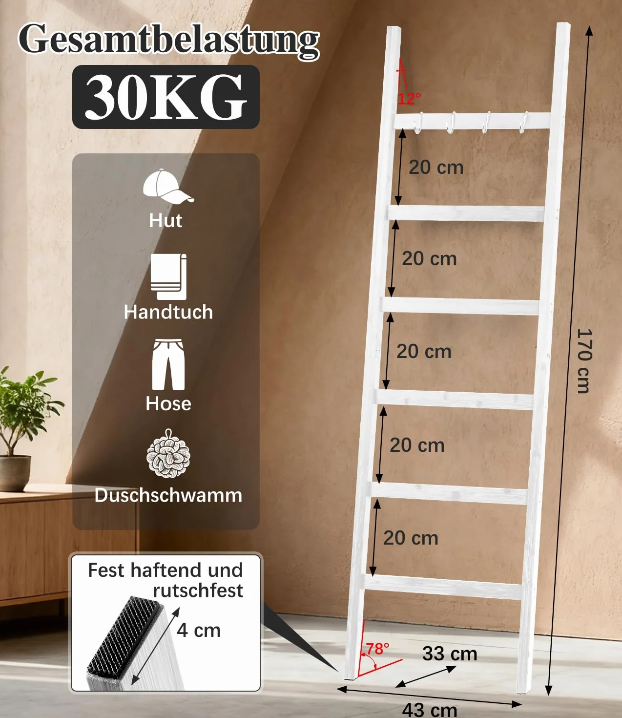 Toallero de escalera de bambú 170x43 cm Blanco 6 travesaños 4 ganchos