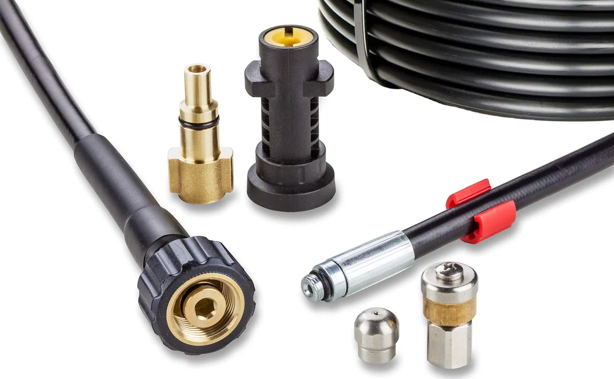 Desatascador de Tuberias para Hidrolimpiadora 15m, 200 bares - Manguera de Limpieza compatible con Karcher, Parkside, Lavor, Bosch Professional - Boquilla Fija, Boquilla Giratoria KNOFER