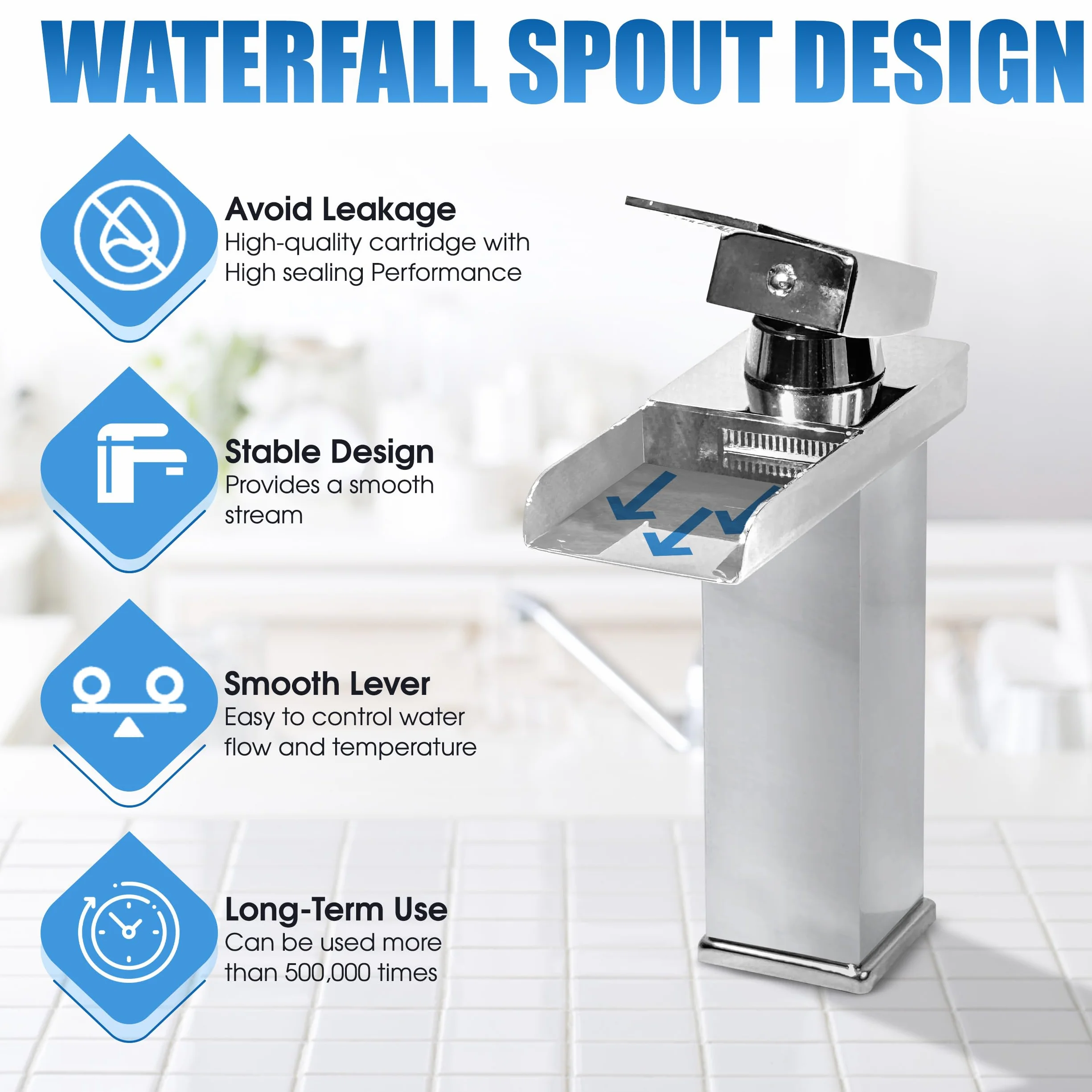 Grifo de cascada cromado para lavabo baño monomando cuadrado latón macizo plateado