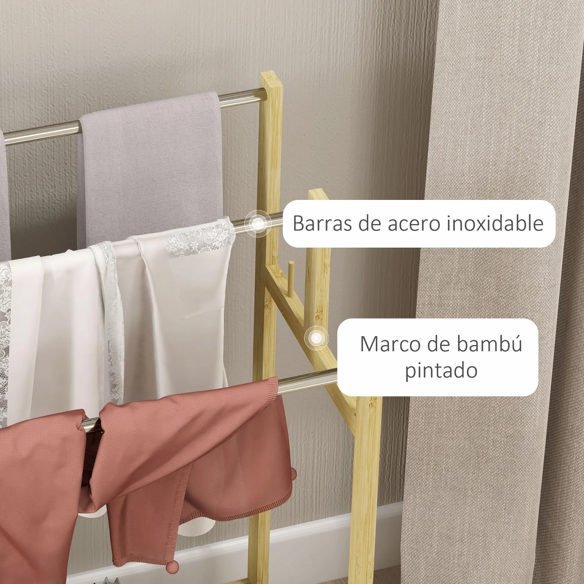 HOMCOM Toallero de Pie de Bambú, Escalera Baño 3 Barras Acero Inoxidable, 50.5x31x90 cm