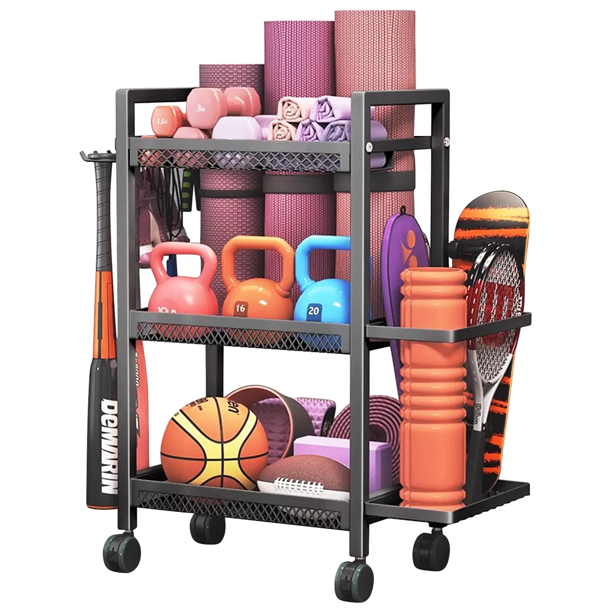 Organizador de equipo deportivo con ruedas, soporte de 3 niveles para tapete de yoga, gimnasio en casa, estante de almacenamiento con ganchos y ruedas giratorias para interiores y exteriores, acero al