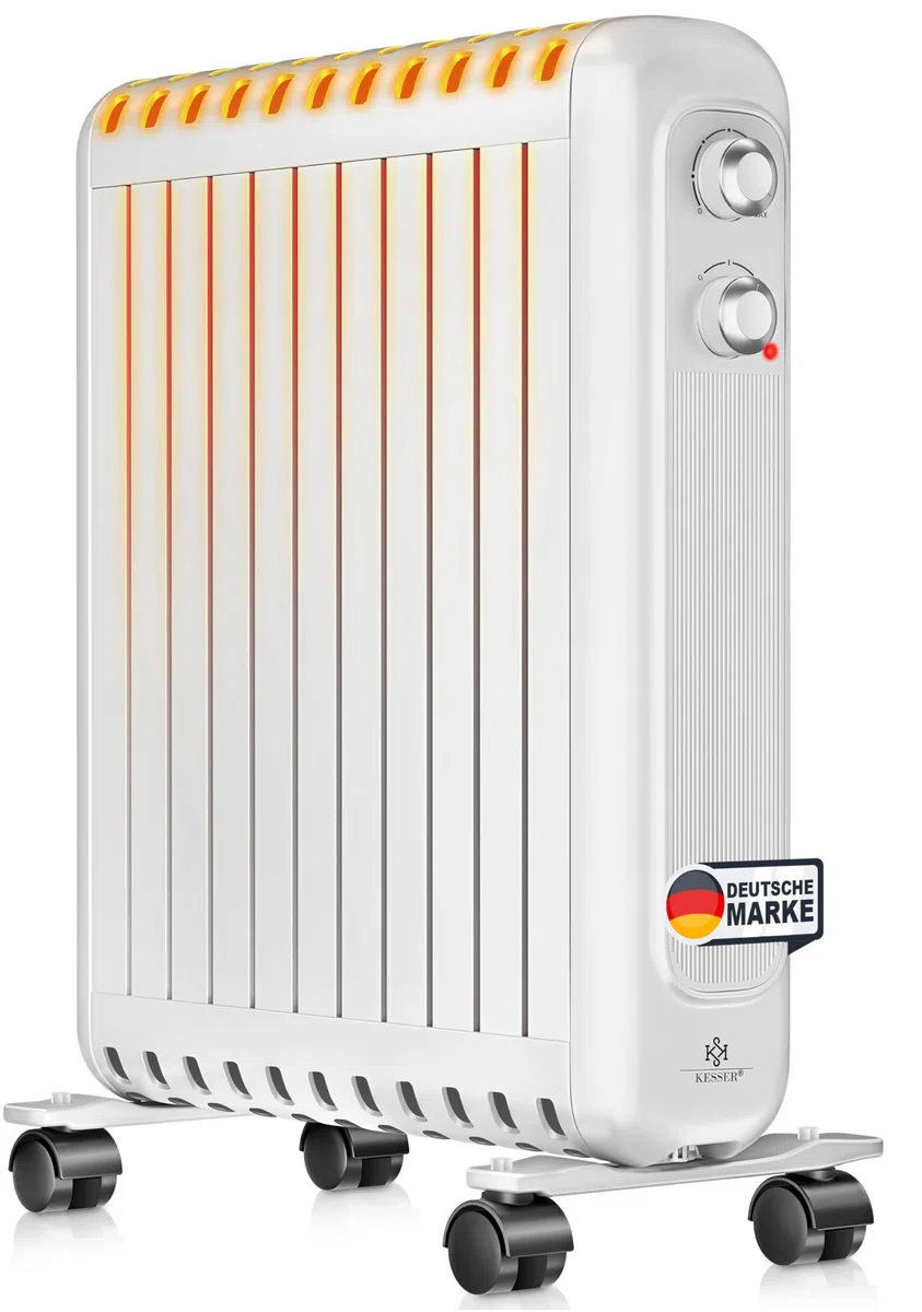 KESSER® Radiador de aceite de bajo consumo 2500W | Termostato, ventilador de calentamiento rápido | Calefacción eléctrica rellena de aceite + 3 niveles de calor, carcasa de protección, ruedas 360° |