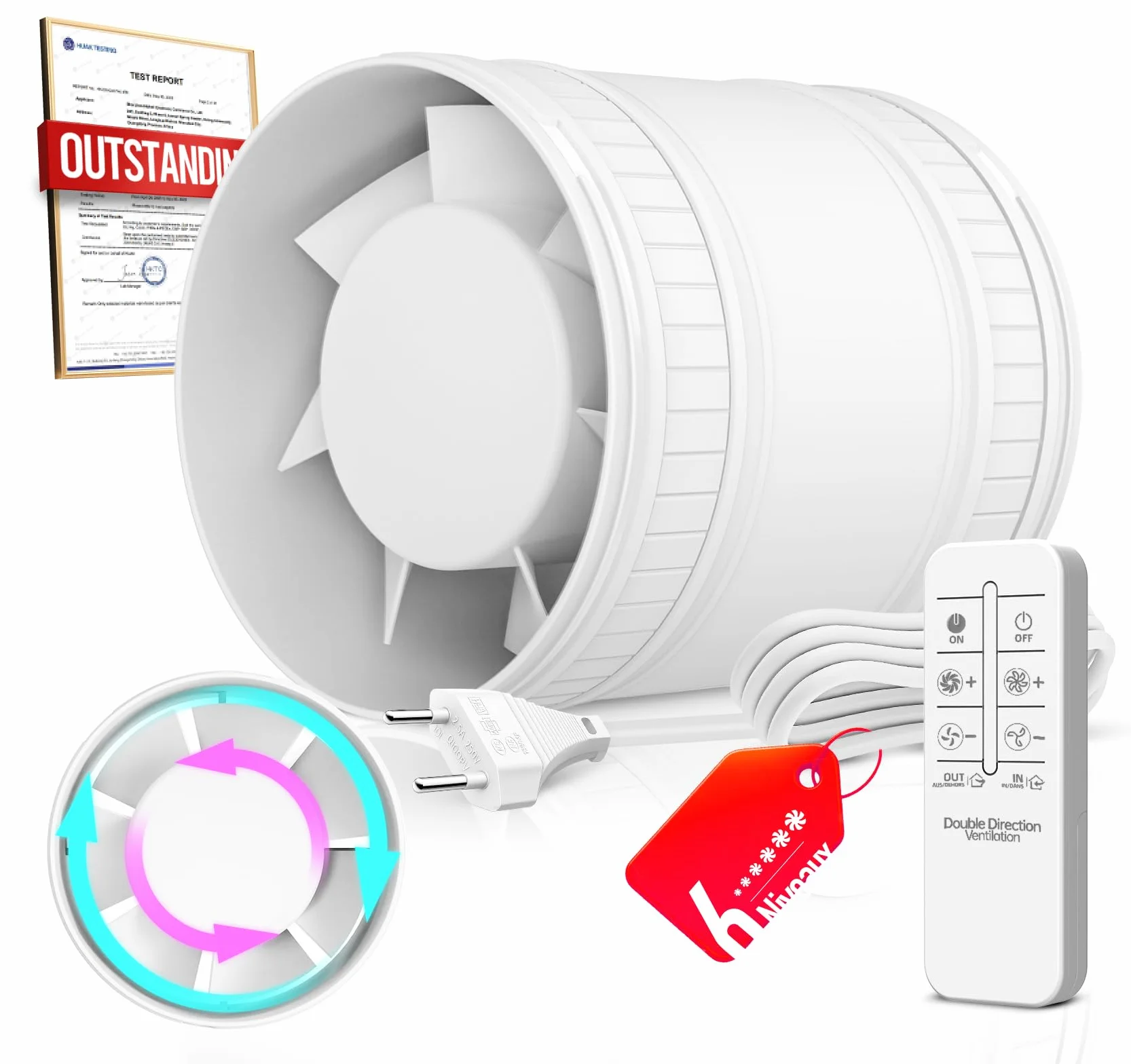 100mm Extractor de Aire en Línea Bidireccional, 6 Velocidades, Mando a Distancia – Ventilador de Conducto Silencioso Potente con Protección contra Sobrecalentamiento, Extractor de Baño Aseo