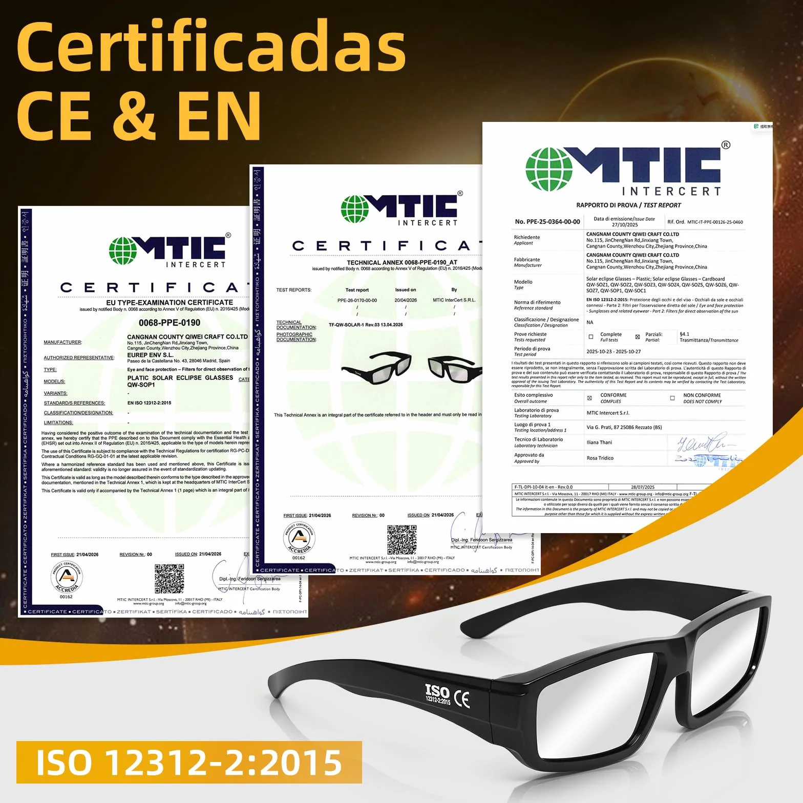 Gafas Eclipse Solar Homologadas 2026 Pack 3 Certificadas CE ISO 12312-2:2015 Protección UV IR Adultos Niños