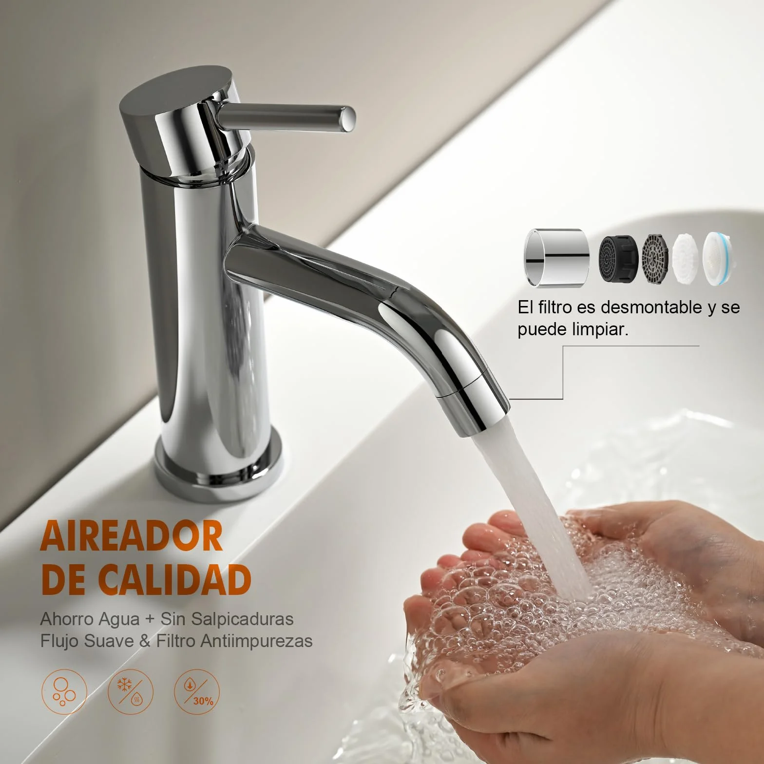 Ibergrif M11003 Grifo de Lavabo Monomando Acero Inoxidable Aireador Ahorro Agua Conexión G 3/8" Acabado Cromado