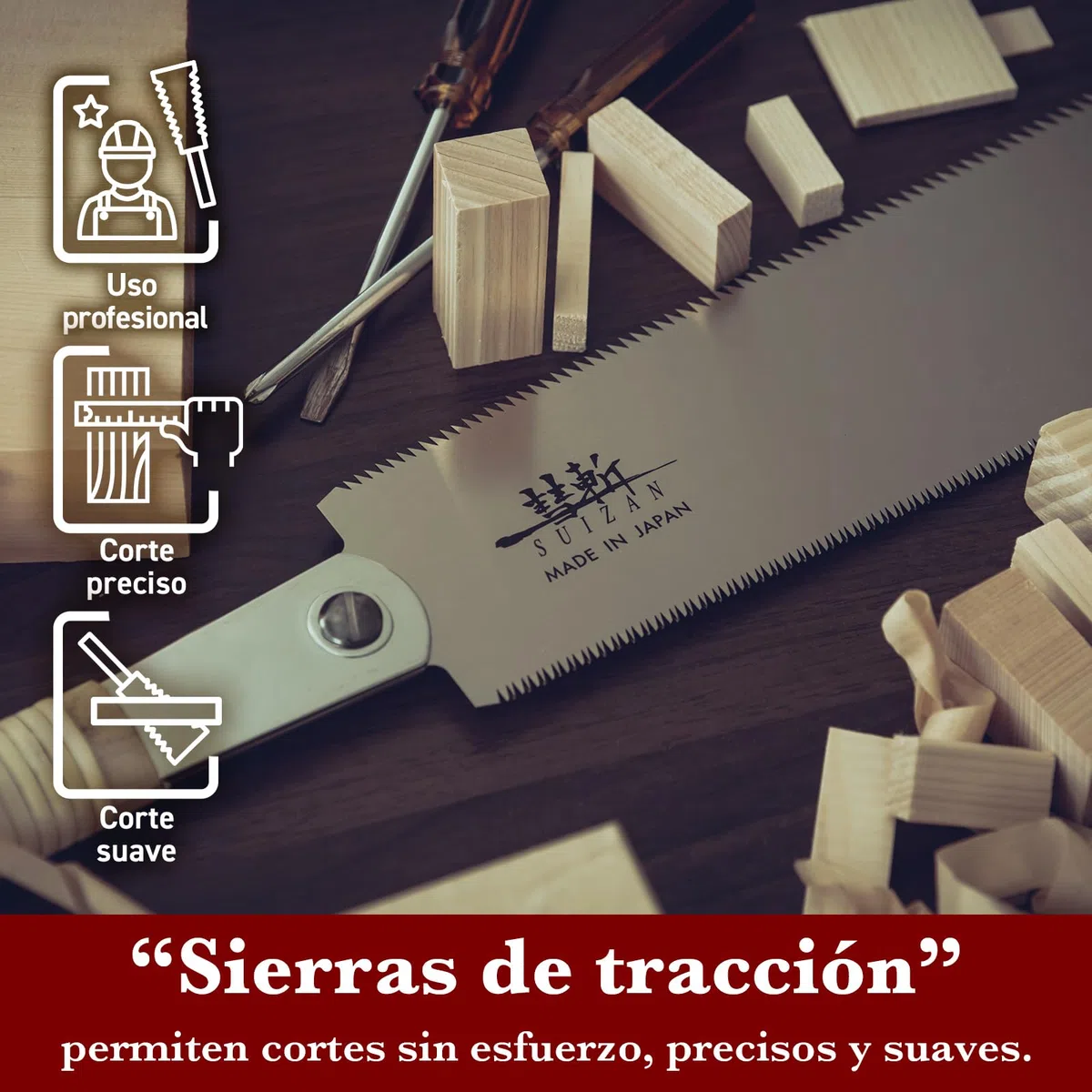 SUIZAN Ryoba Sierra japonesa de doble filo 240mm - Serrucho de mano profesional Herramientas carpinteria madera