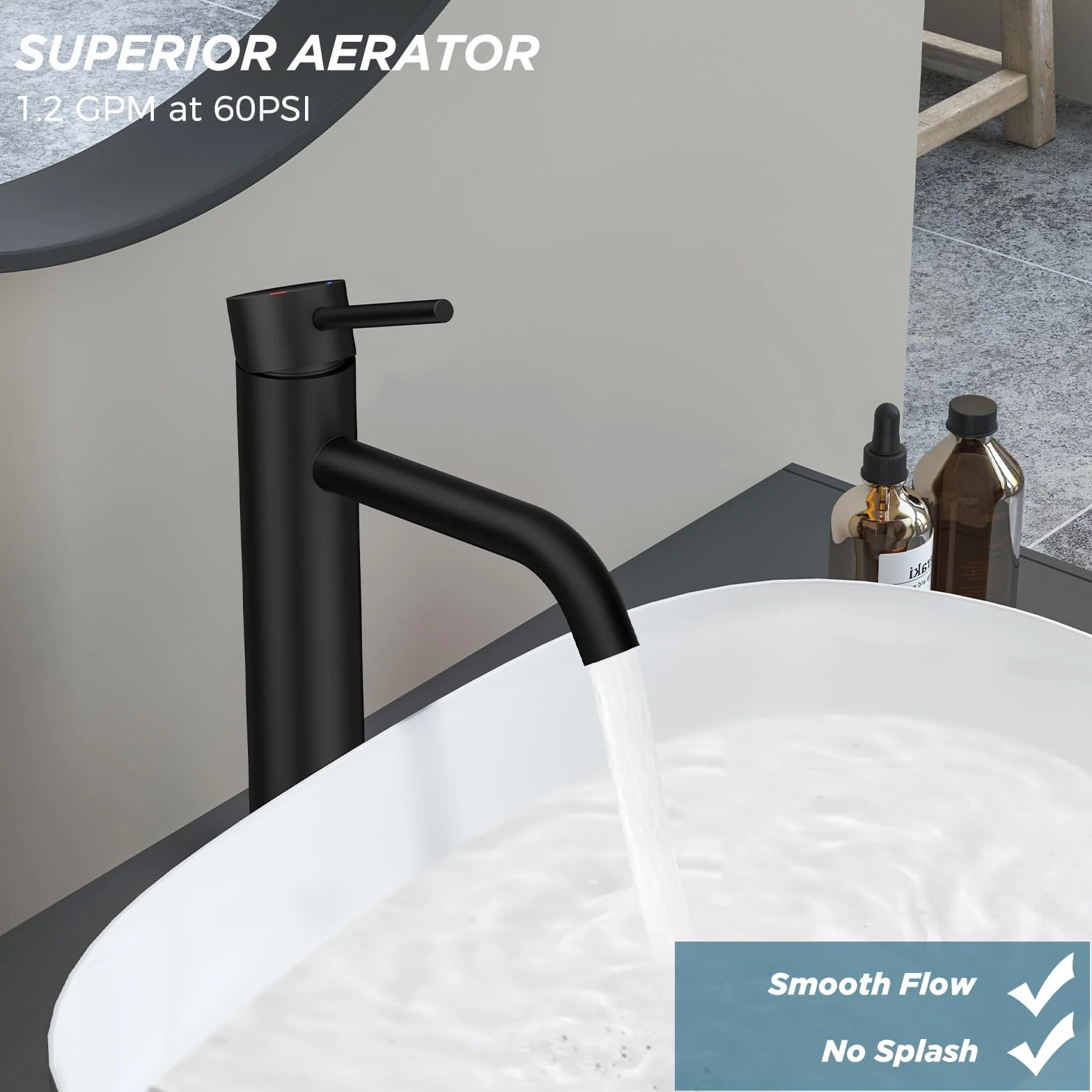 FORIOUS Grifo Lavabo Alto, Grifo Monomando para Lavabo Alto en Negro con Altura de Salida de 190 MM, Mezclador de un Solo Mango para el Lavabo del Baño, Lavamanos, Baño de Invitados