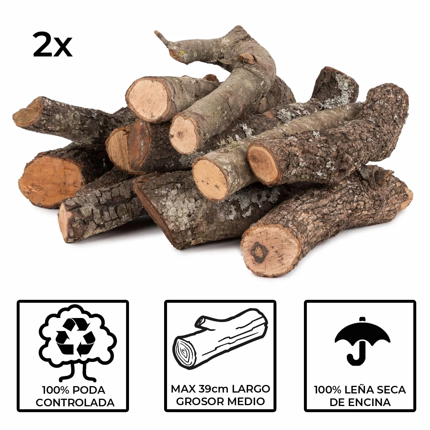 20kg de Encina. Troncos Medios ideales para Barbacoas y para fuegos en Chimeneas, Calderas y Estufas. Leña Seca y de Poda Controlada. Hecho en España.