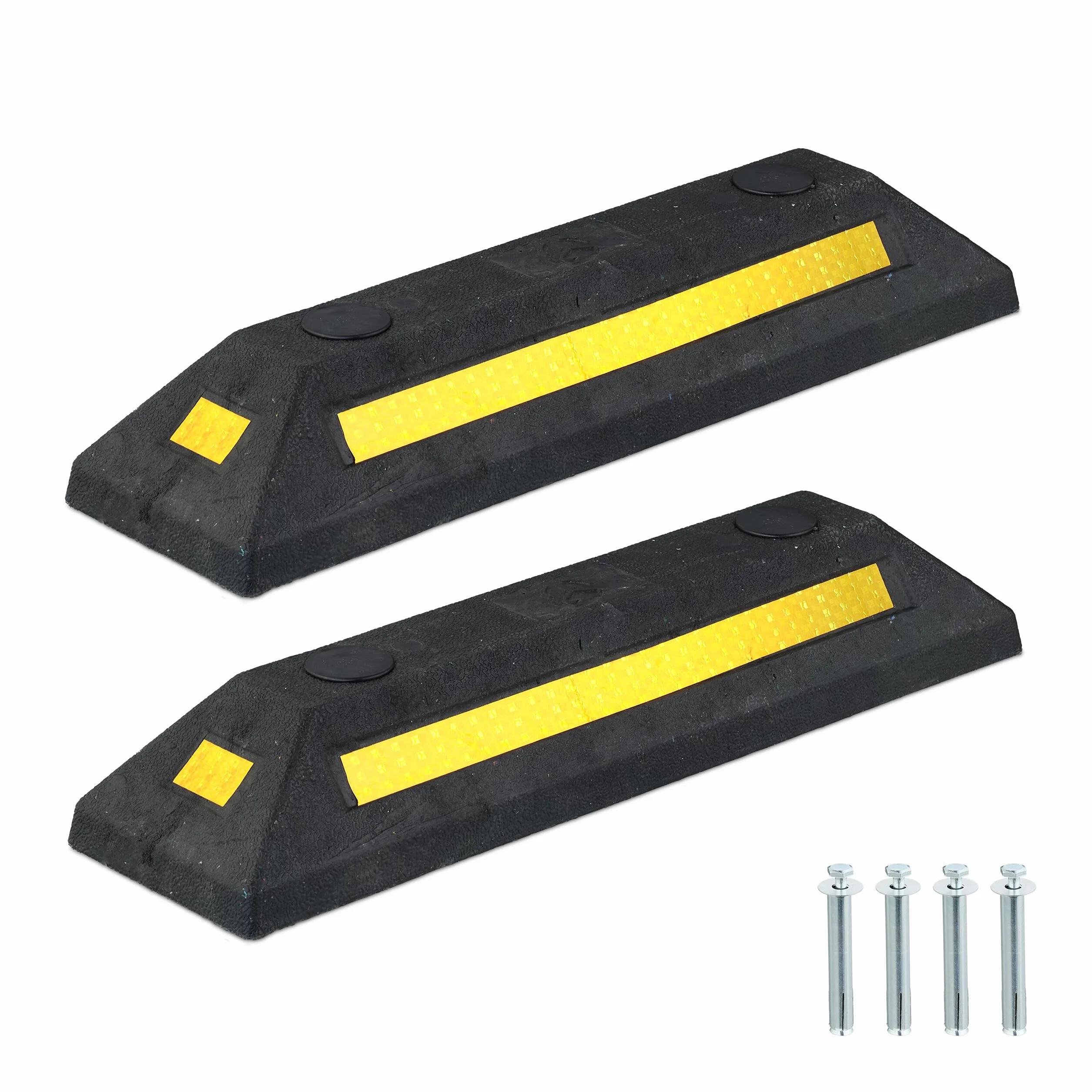 Relaxdays Topes Aparcamiento Pack 2 Protectores Rueda Coche Reflectantes 8,5x53x14,5 cm Negro Amarillo