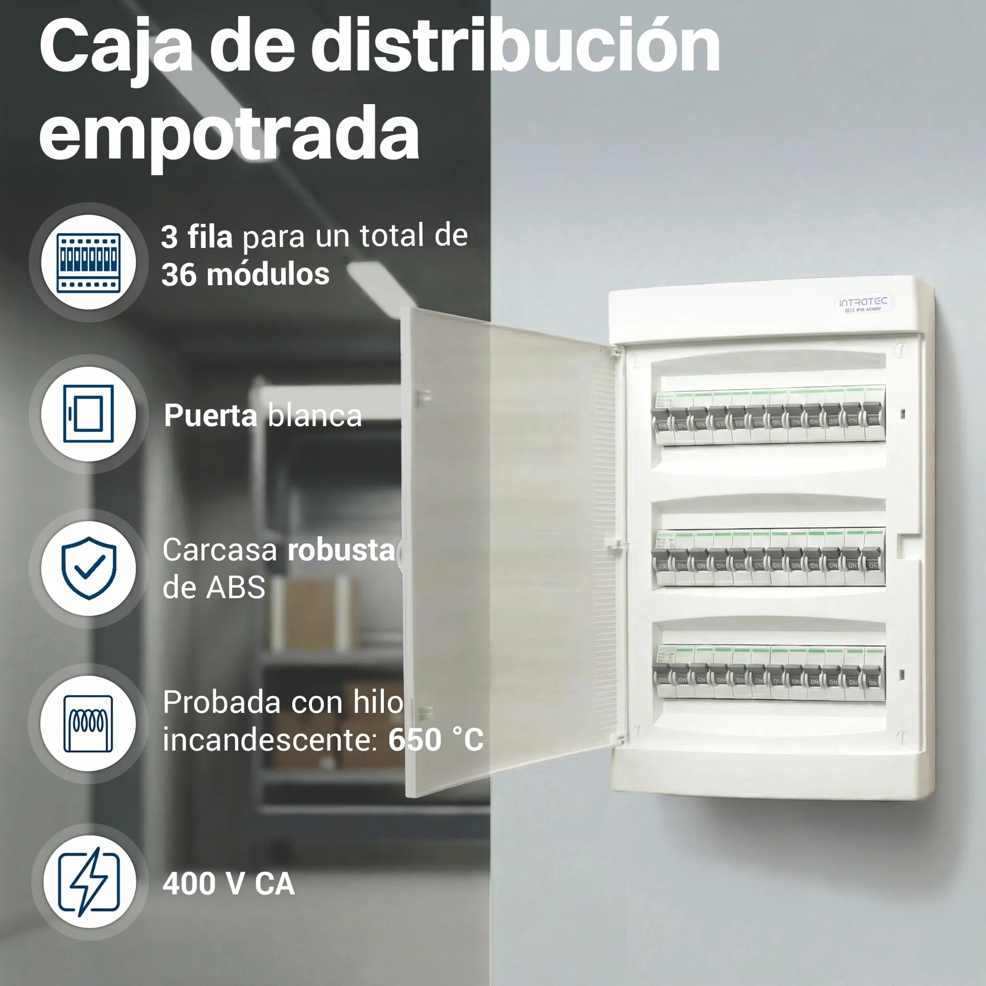 Intratec Caja de Distribución Empotrada 3 Fila IP40 36 Módulos Blanco 482x283x106mm