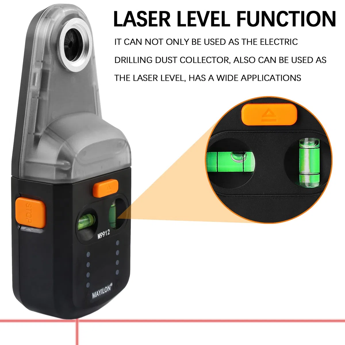 M9912 Colector de Polvo de Taladro Eléctrico con Nivel Láser, Boquilla de Polvo de Taladro, Taladro de Vacío de Succión de Pared para Taladrar Sin Polvo (Compatible con Taladros de Hasta 13mm)
