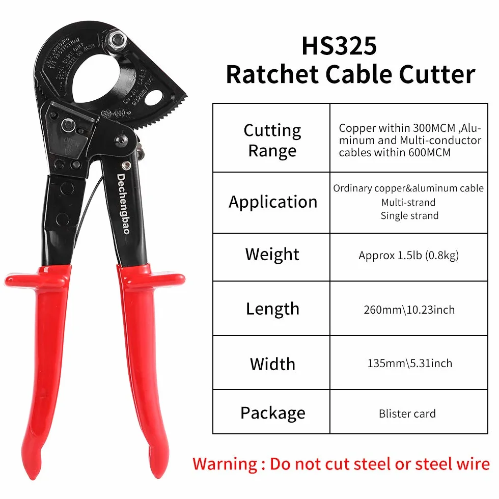 Cortador de cable Dechengbao, resistente cortador de aluminio para cable de trinquete y alambre, corte hasta 240mm²