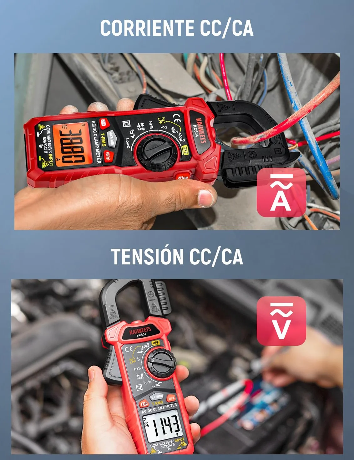KAIWEETS Pinza Amperimétrica CA/CC, Pinza Multímetro para Medir Voltaje &Corriente CA/CC, Temperatura, Continuidad, NCV, Diode, con Linterna, Luz de Fondo, Mandíbula en Forma de D, KC604