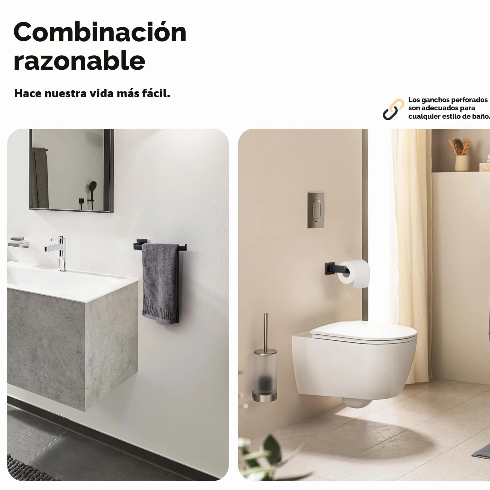 Set de Toallero de Acero Inoxidable 5 Piezas 43CM Porta Papel de Baño 2 Ganchos Colgante de Pared Negro