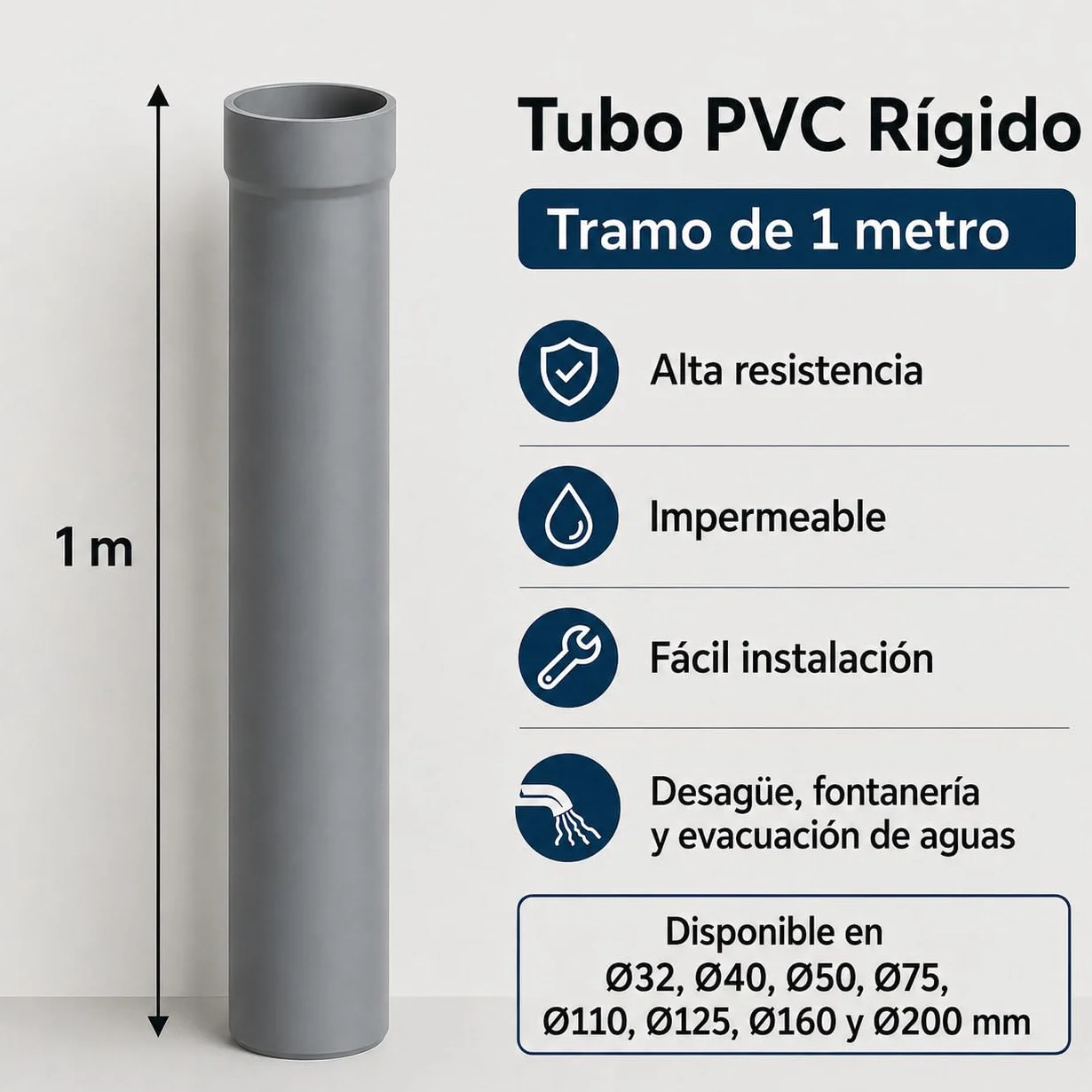 Tubo PVC Rígido 1 Metro – Desagüe, Fontanería y Evacuación de Aguas – Alta Resistencia, Impermeable y Fácil Instalación – Tramos Disponibles Ø75, Ø110, Ø125, Ø160 y Ø200 mm (Ø200 mm)