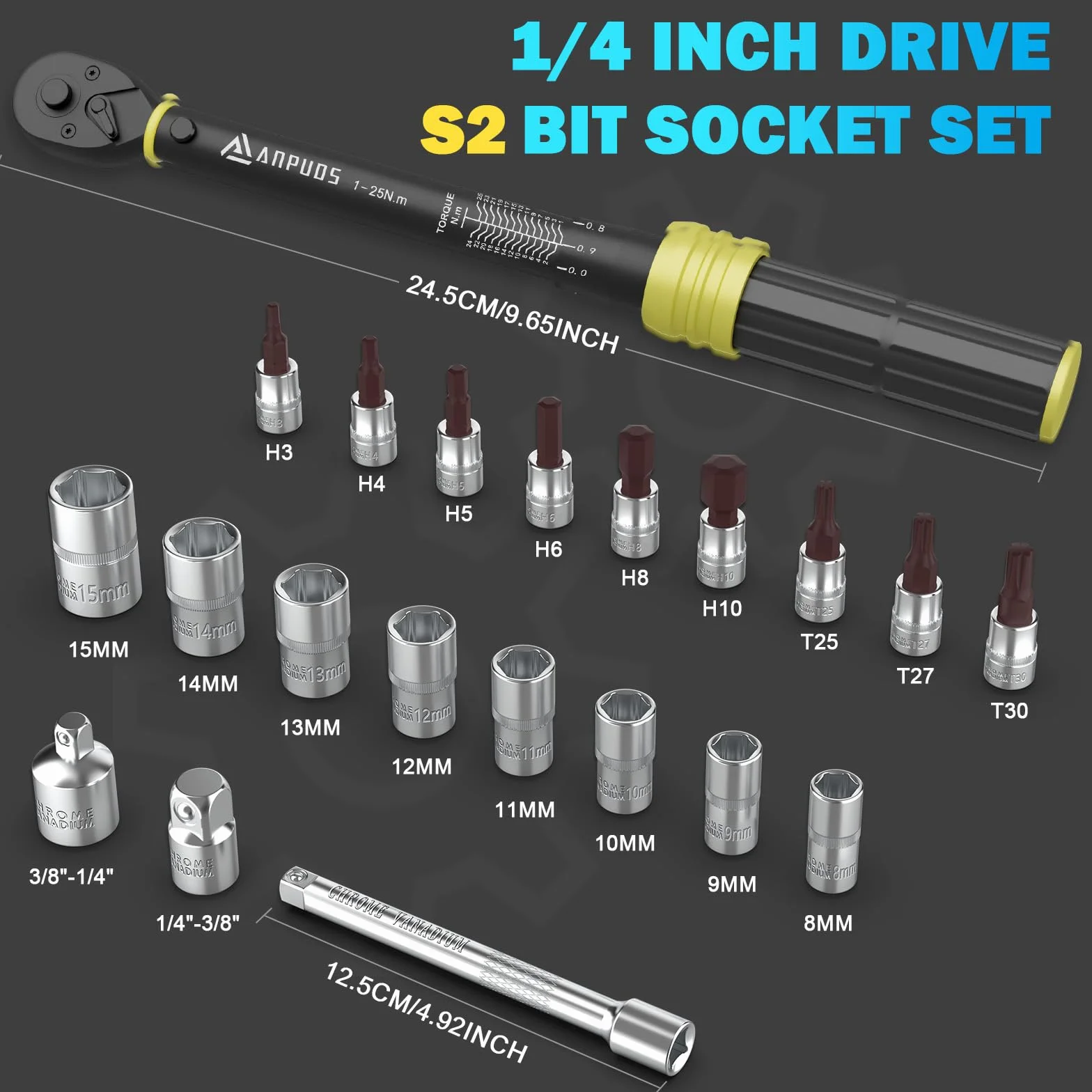 ANPUDS Llave Dinamométrica 1/4'', Llave de Torque 1-25 Nm, 72 Dientes, 21 Piezas Llave Dinamométrica Set con Extensión, Adaptador, Torx, Bits, para Reparación y Mantenimiento de Bici