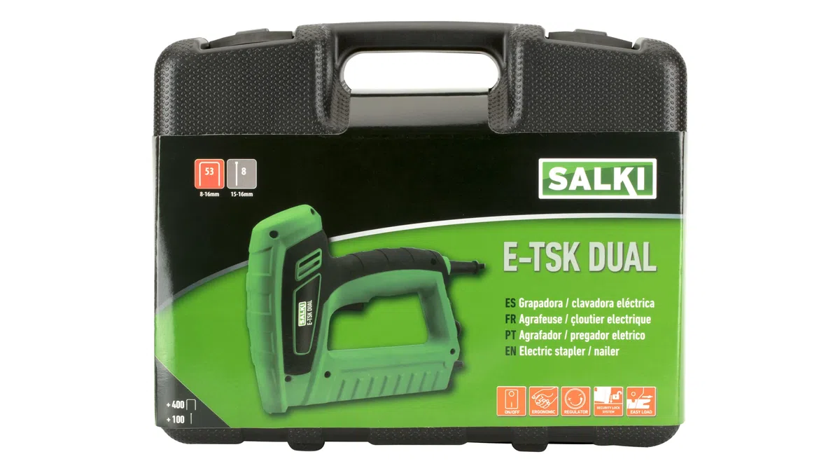 SALKI Grapadora Manual Eléctrica E-TSK Dual – Clavadora y Grapadora de Doble Función, Compatible con Grapas nº 53 y Clavos Brad nº 8, Regulador de Fuerza, 20 Disparos/min, Incluye Grapas y Clavos