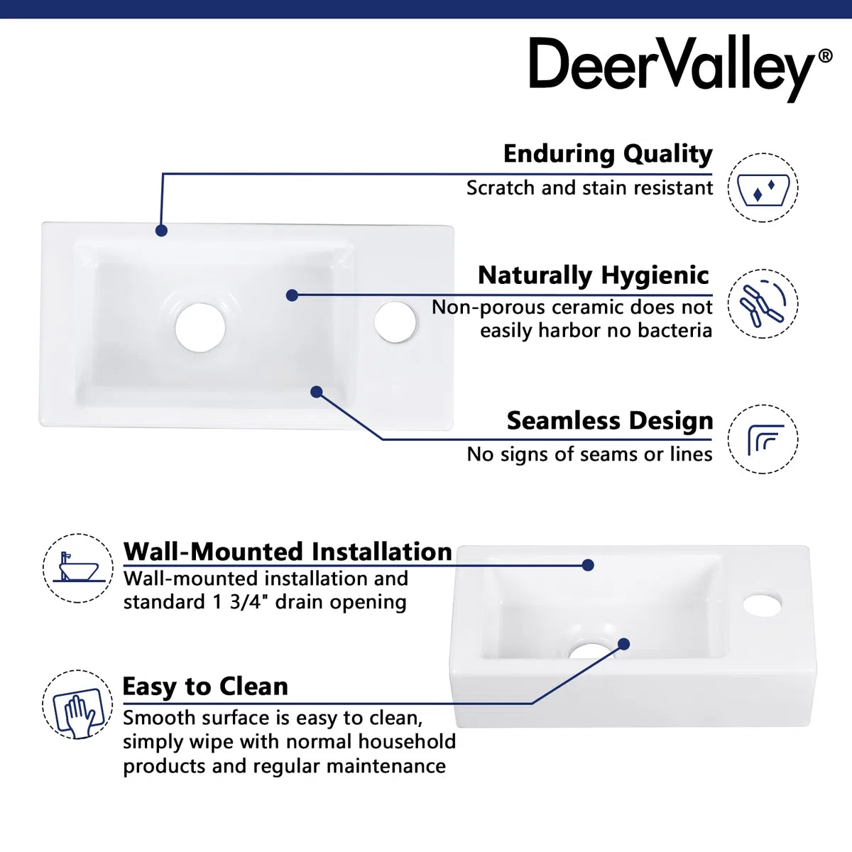 DeerValley DV-1V081R Lavamanos de baño de pared de cerámica, lavamanos de cerámica rectangular blanca en baño pequeño(mano derecha)