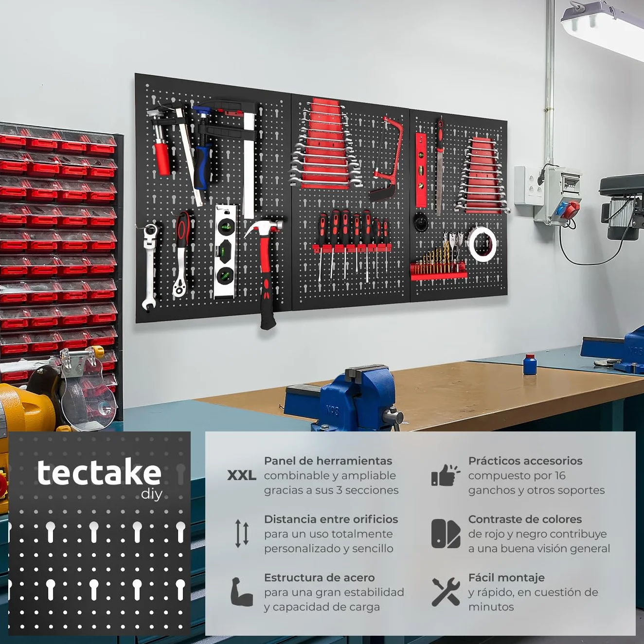 tectake® Organizador de Herramientas de Pared, Panel Perforado, Estantería de Taller con Ganchos, Banco de Herramientas, Herramientas Bricolaje, Tablero Perforado - 3 Tableros
