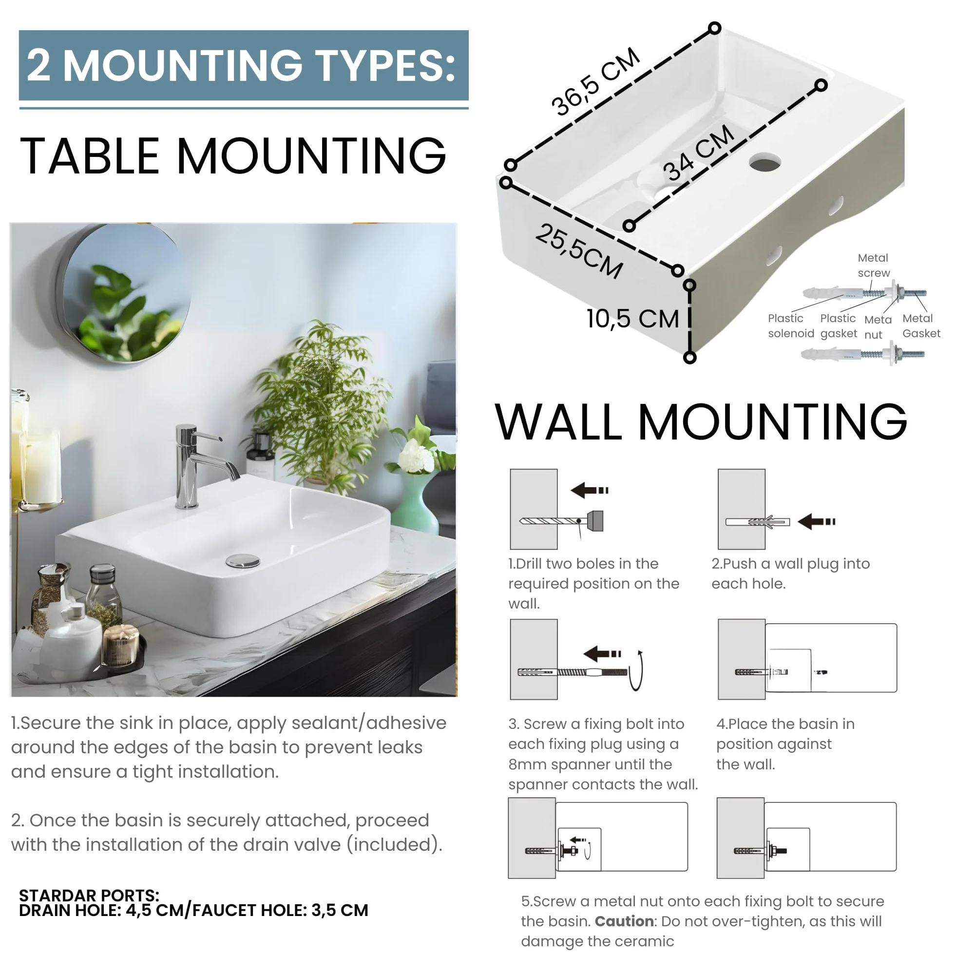 Lavabo de Cerámica, Lavamanos Blanco de Aseo Anti-manchas, Lavabo sobre encimera para Baño, Fácil de Limpiar y con Conexiones Estándar. Ideal para Cocina o Baño. (36,5x25,5x10,5 CM)