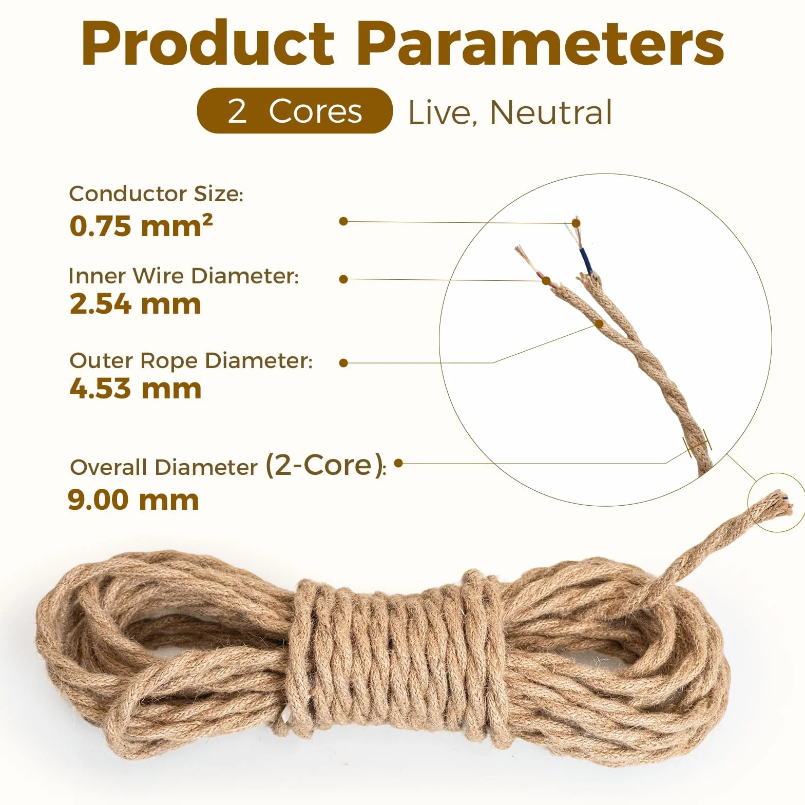 DiCUNO 20m cable textil lino vintage 2 conductores 0,75mm² eléctrico retro tejido flexible